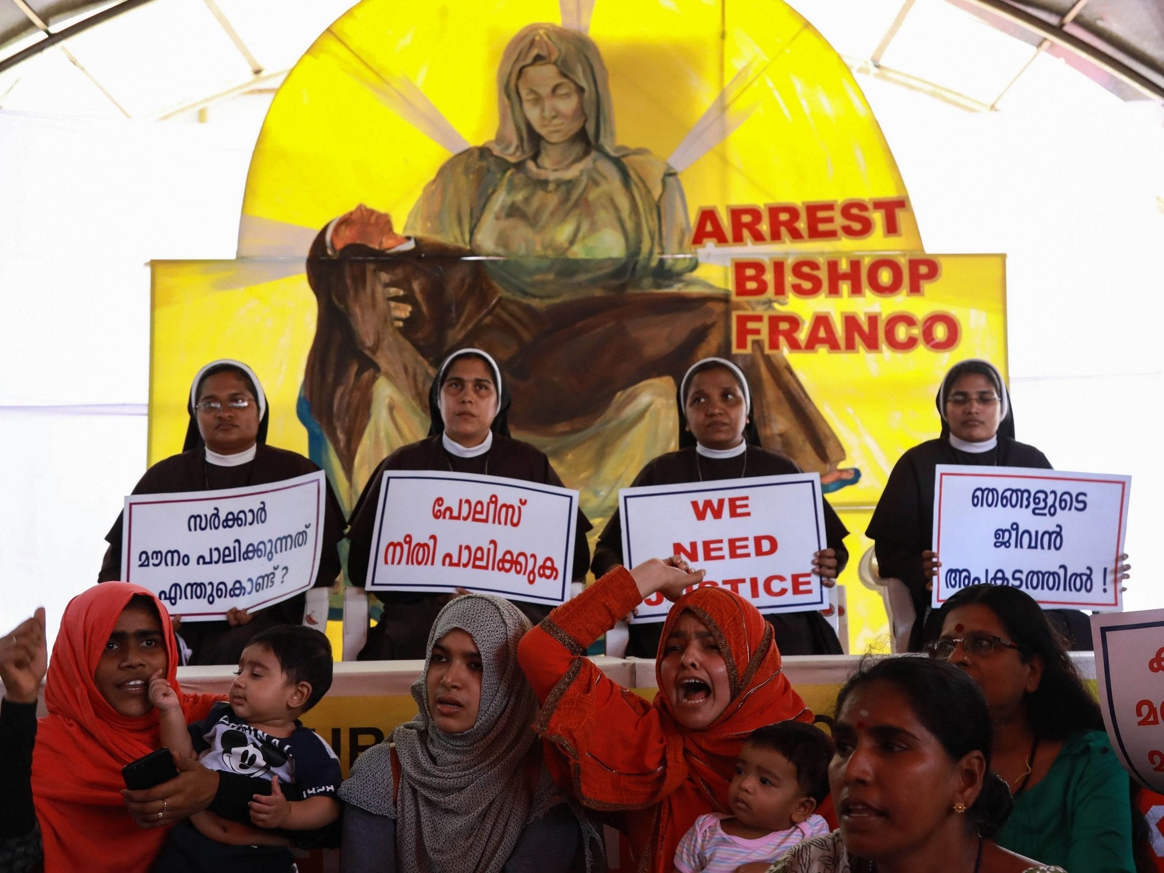 Indian nuns and supporters demand the bishop's arrest during protests this month (AFP/Getty)