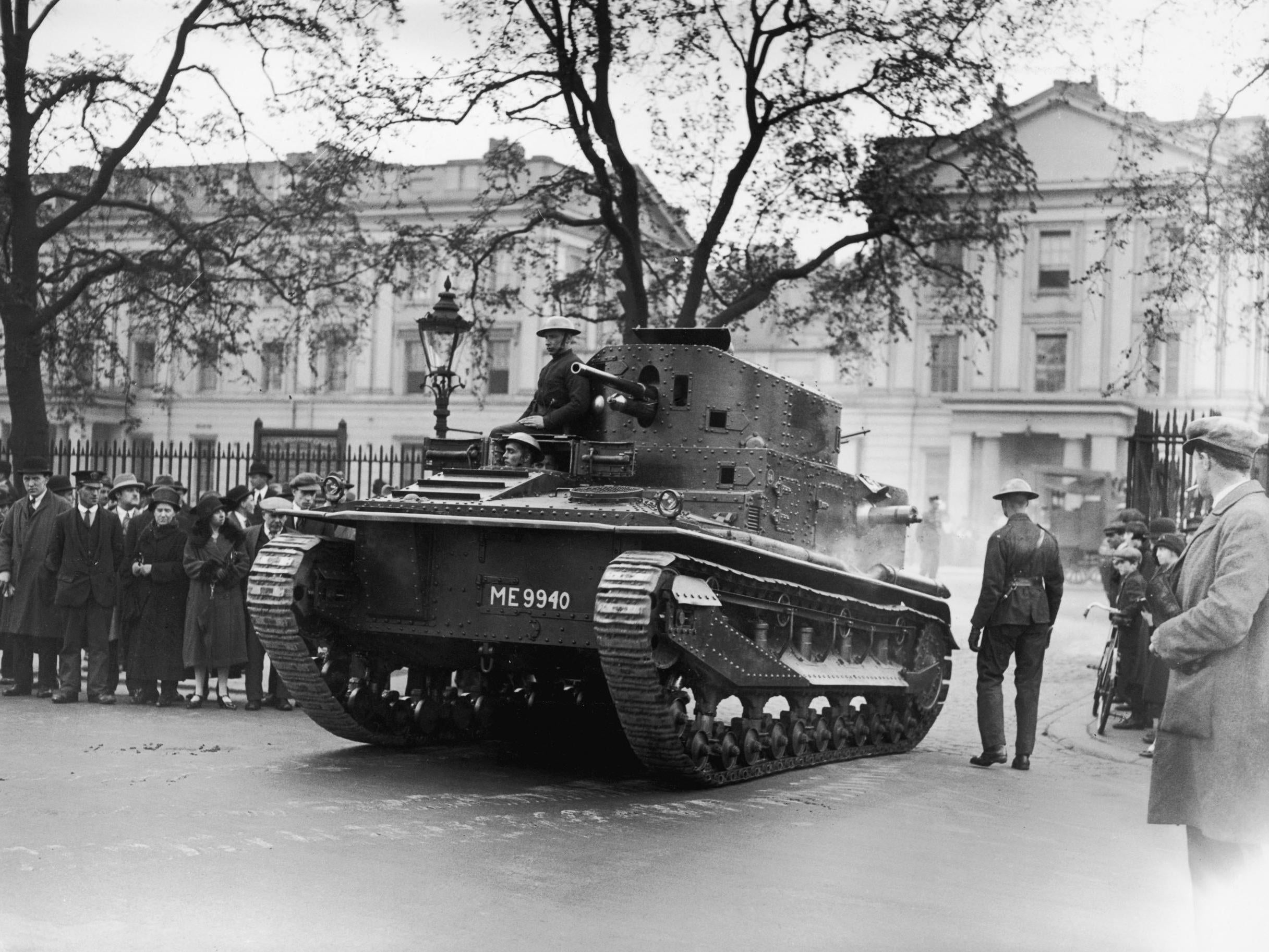 A British armoured tank leaving Wellington Barracks in London on the penultimate day of the general strike