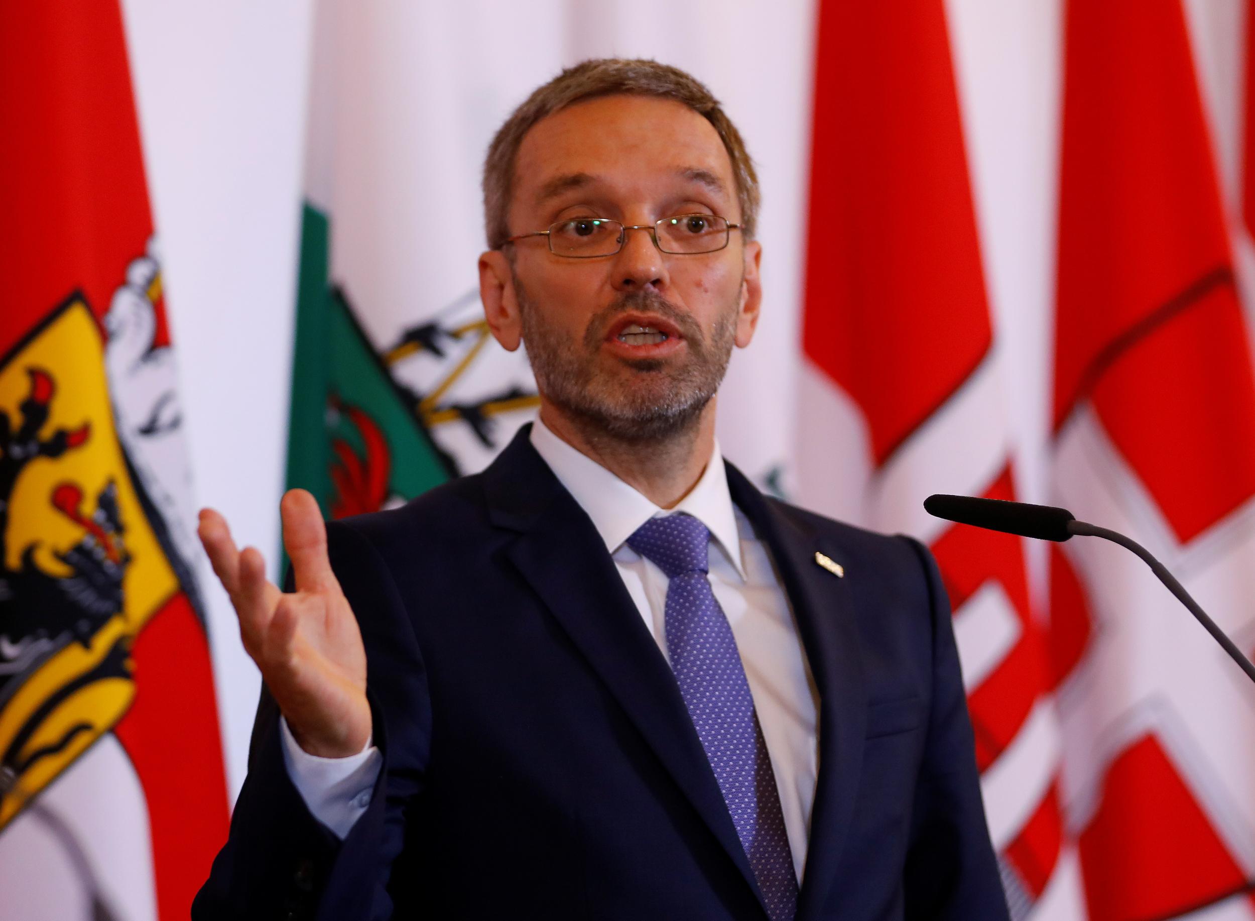 Austrian Interior Minister Herbert Kickl at a news conference in Vienna