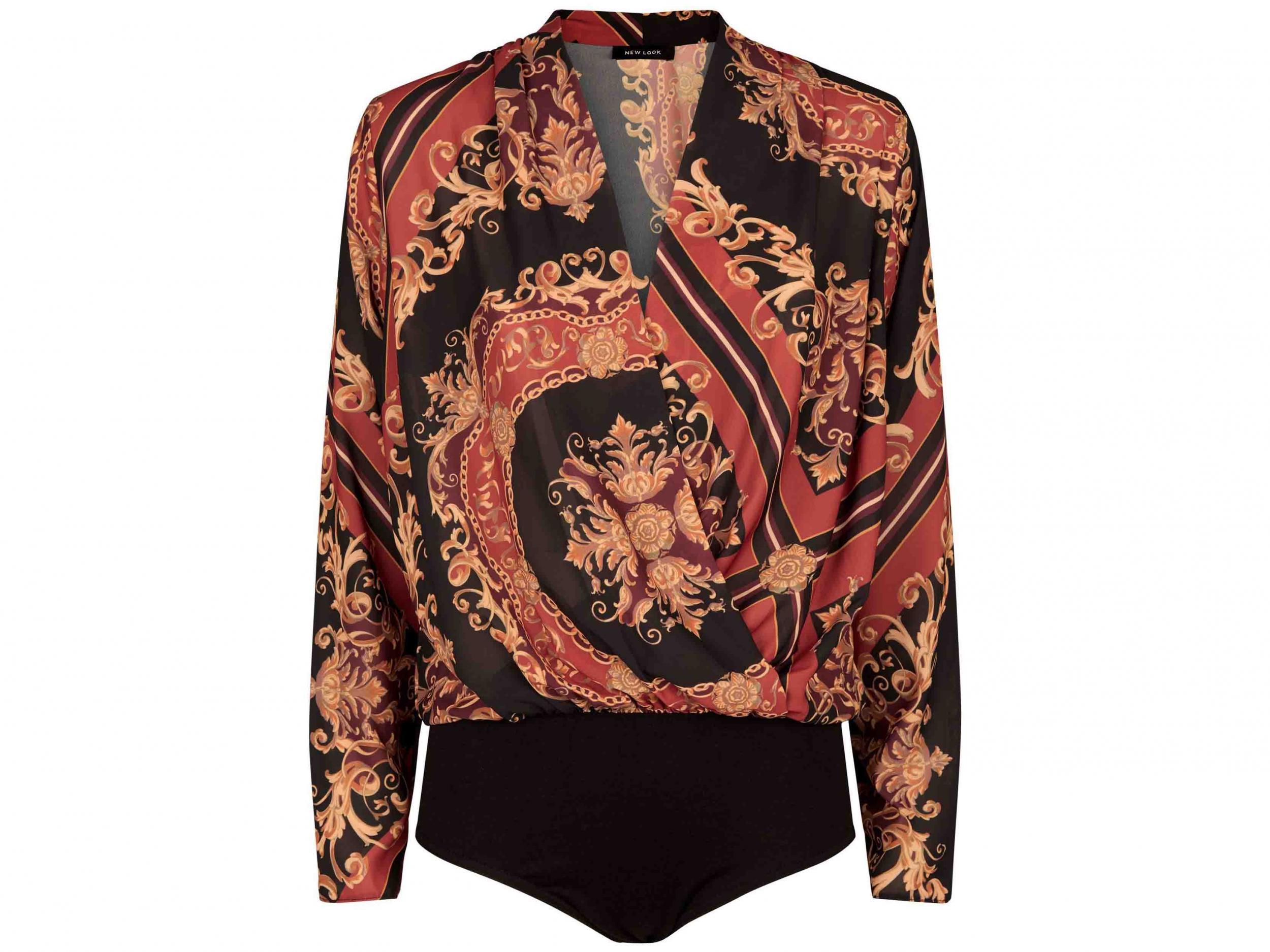 Black Baroque Print Wrap Front Bodysuit, £19.99, New Look