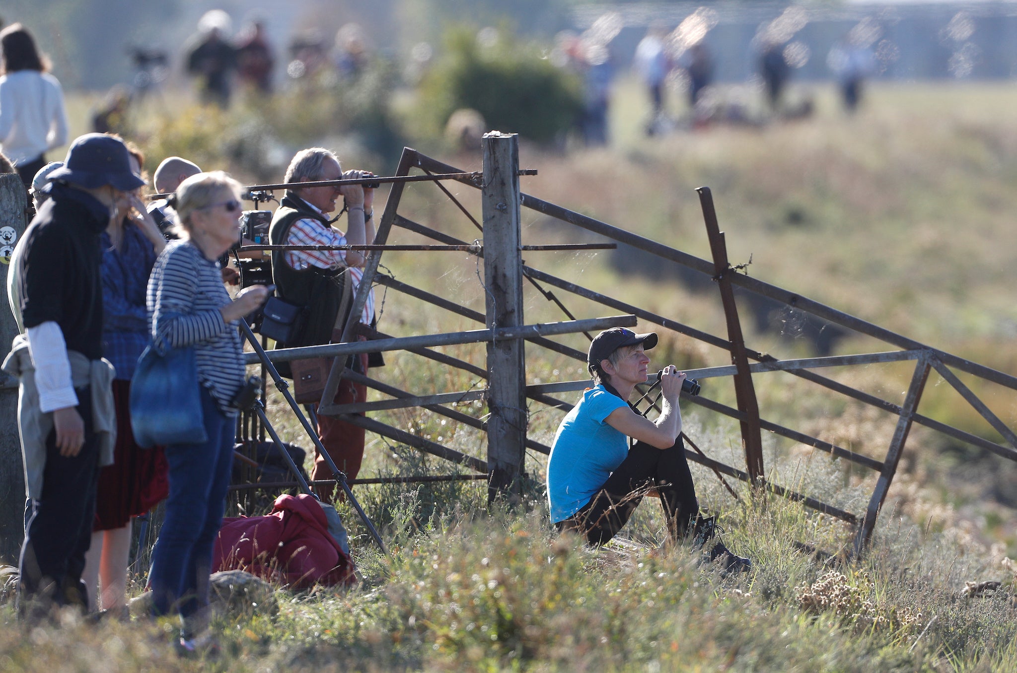 People look from the river bank after a Beluga whale was spotted in Thames near Gravesend