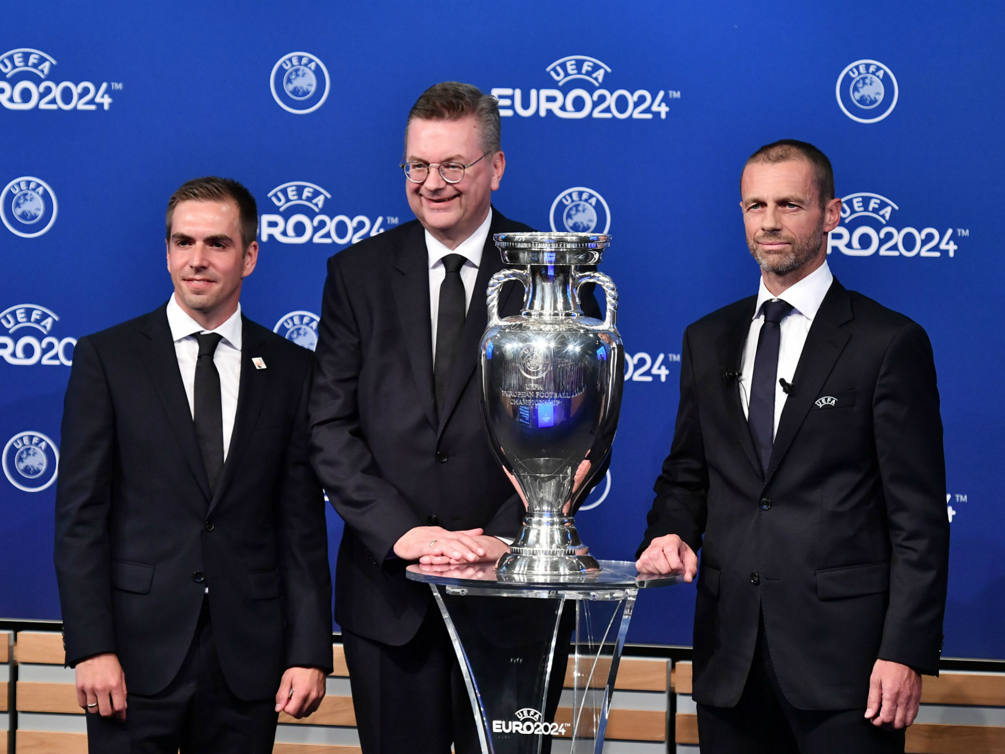 Ceferin was joined on stage by Grindel and Lahm after the announcement