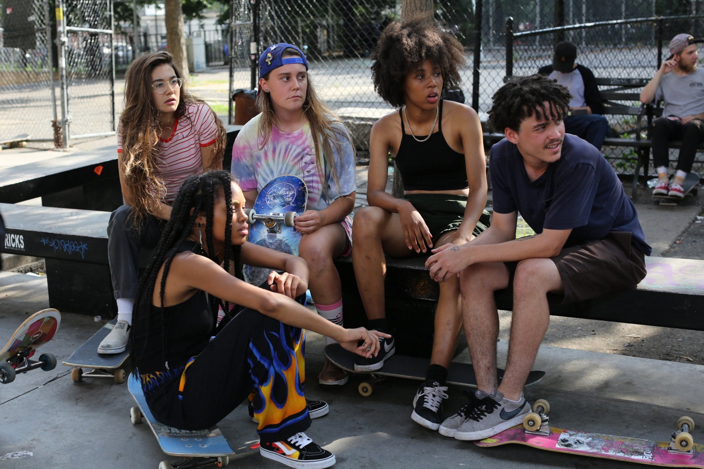 Rachelle Vinberg, Ajani Russell, Nina Moran, Dede Lovelace, and Alexander Cooper in Skate Kitchen