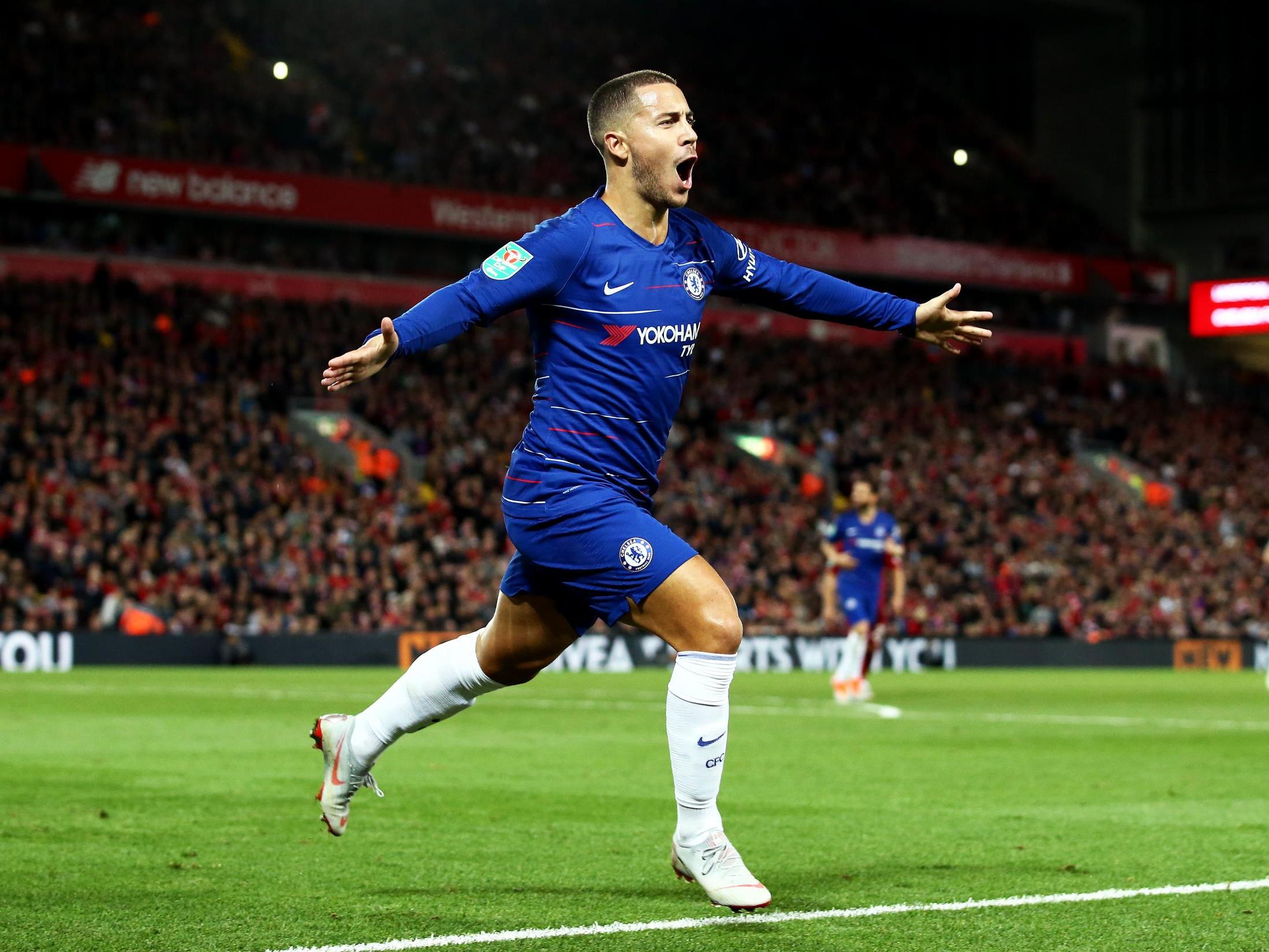 Eden Hazard celebrates his wonder goal against Liverpool in the League Cup