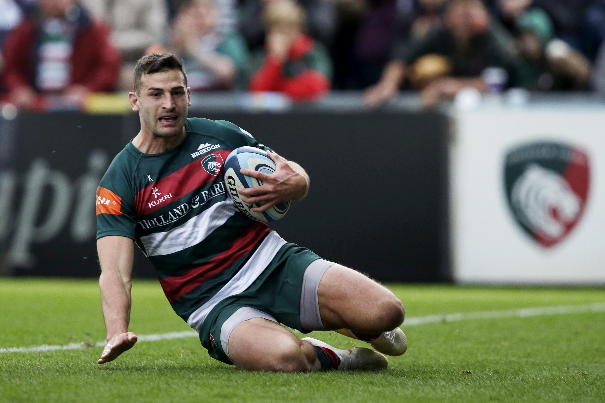 Jonny May slides over the line to prevent Sale from scoring