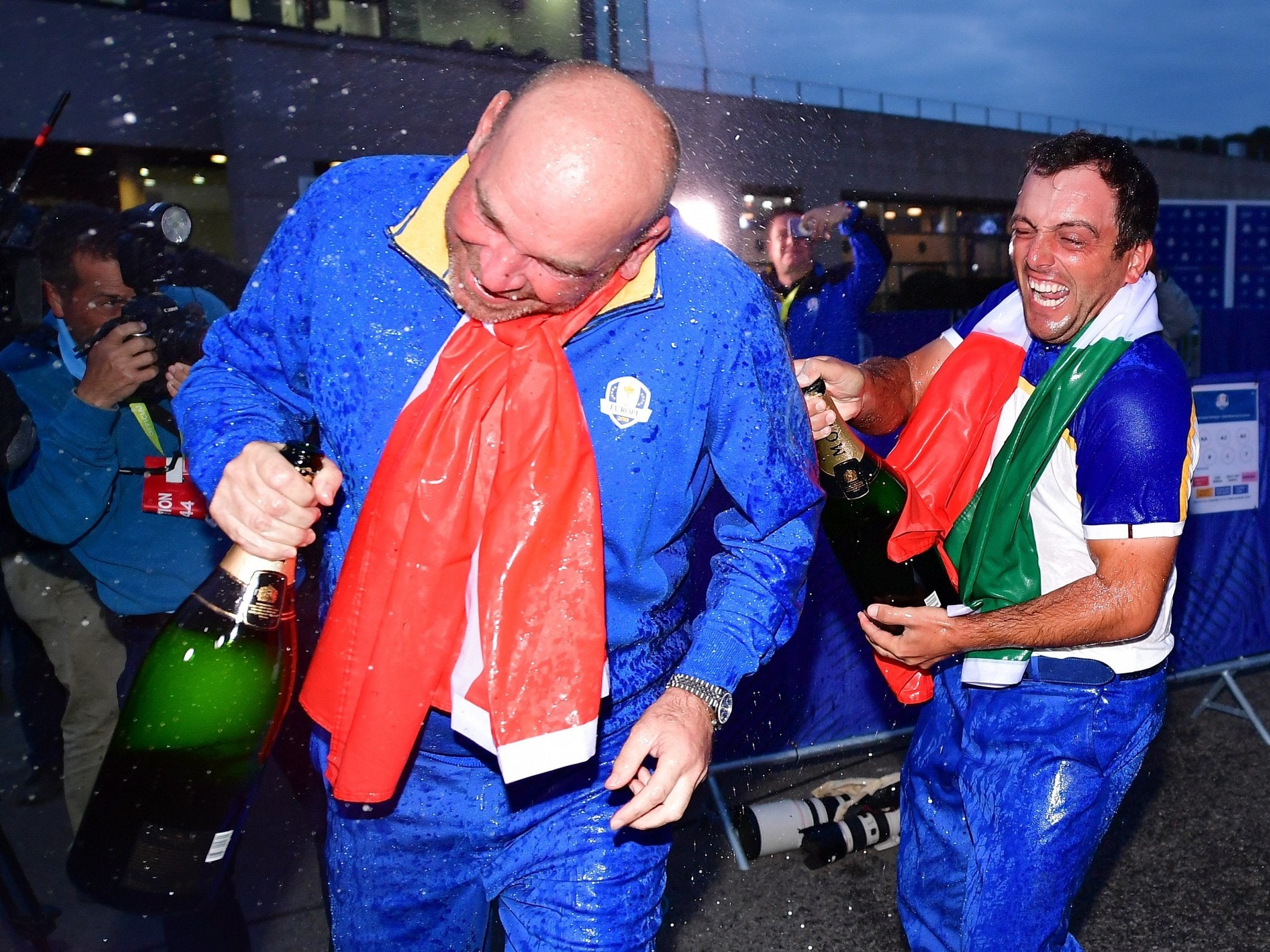 Europe captain Thomas Bjorn is doused in champagne