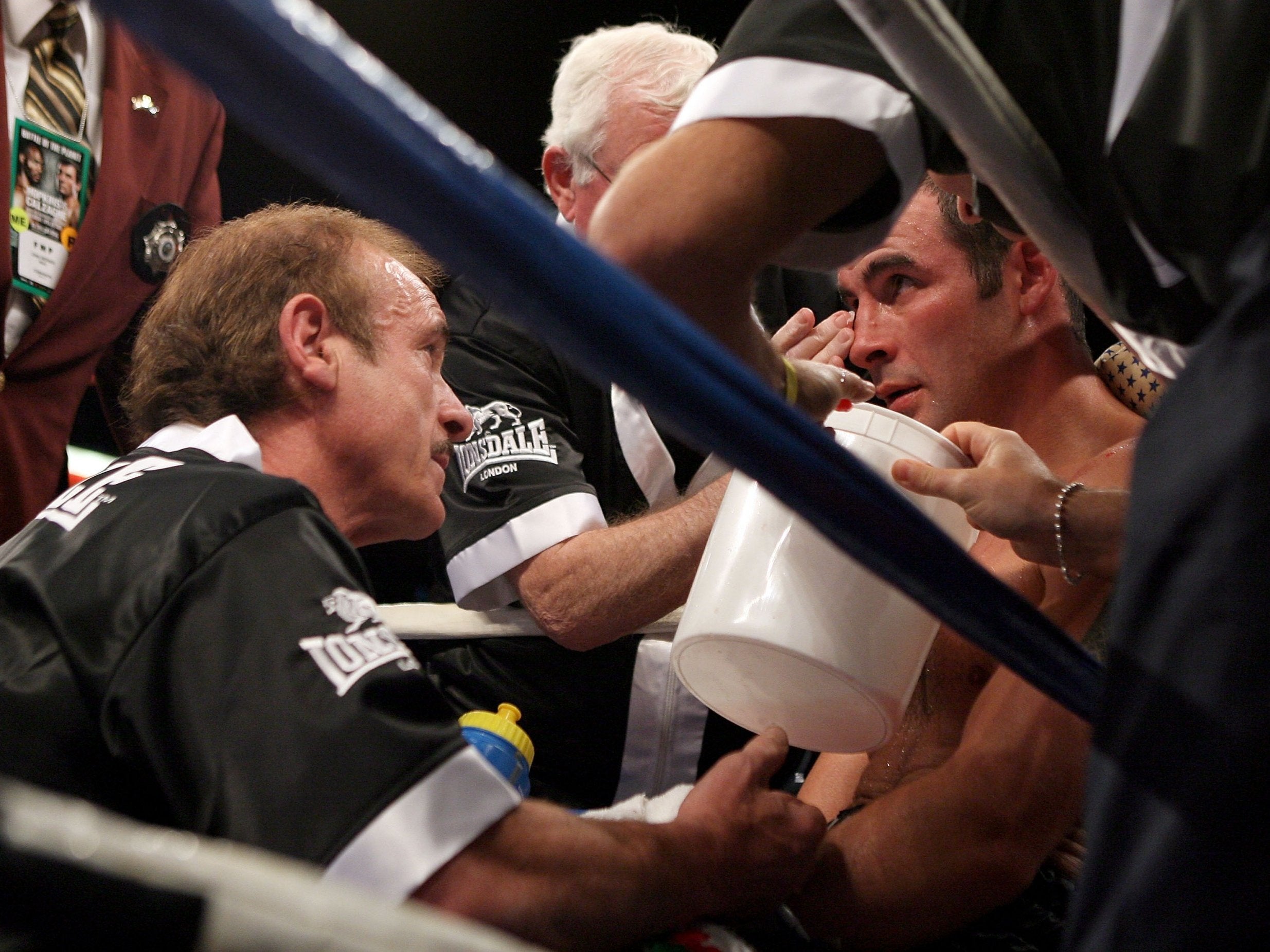 Joe Calzaghe gets instructions in the corner from his father and trainer Enzo during his light-heavyweight bout with Bernard Hopkins on 19 April 2008 in Las Vegas, Nevada