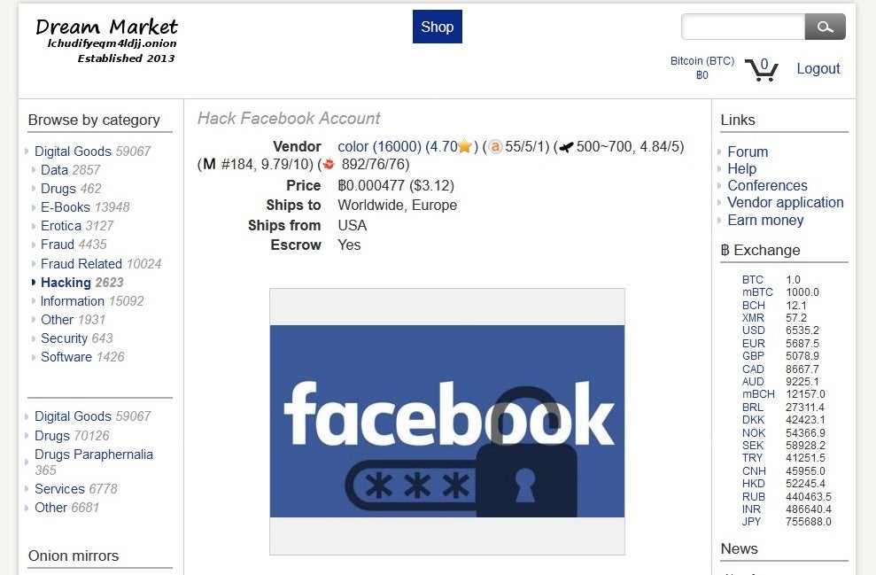 A listing for a hacked Facebook account, selling for around $3 on the Dream Market site on the dark web