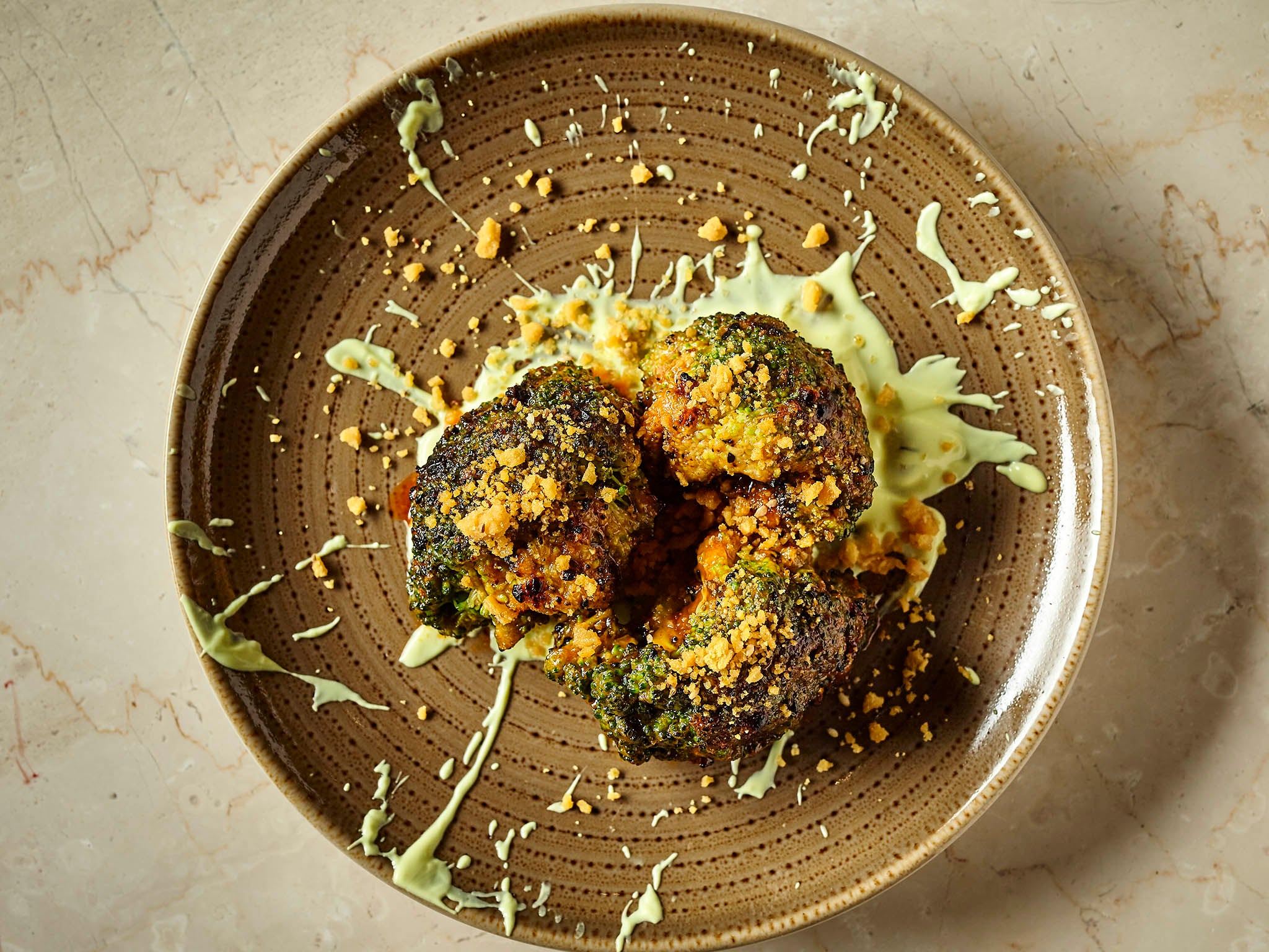 Tandoori broccoli with honey, nigella seeds and wheat crisps (£12)