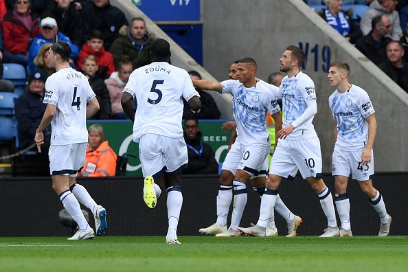 Richarlison celebrates after scoring at the King Power Stadium