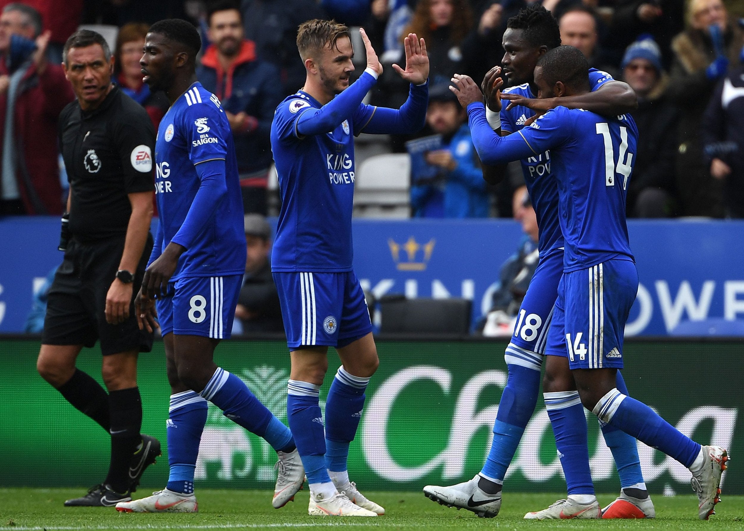 Leicester City's Ricardo Pereira celebrates scoring his team's first goal