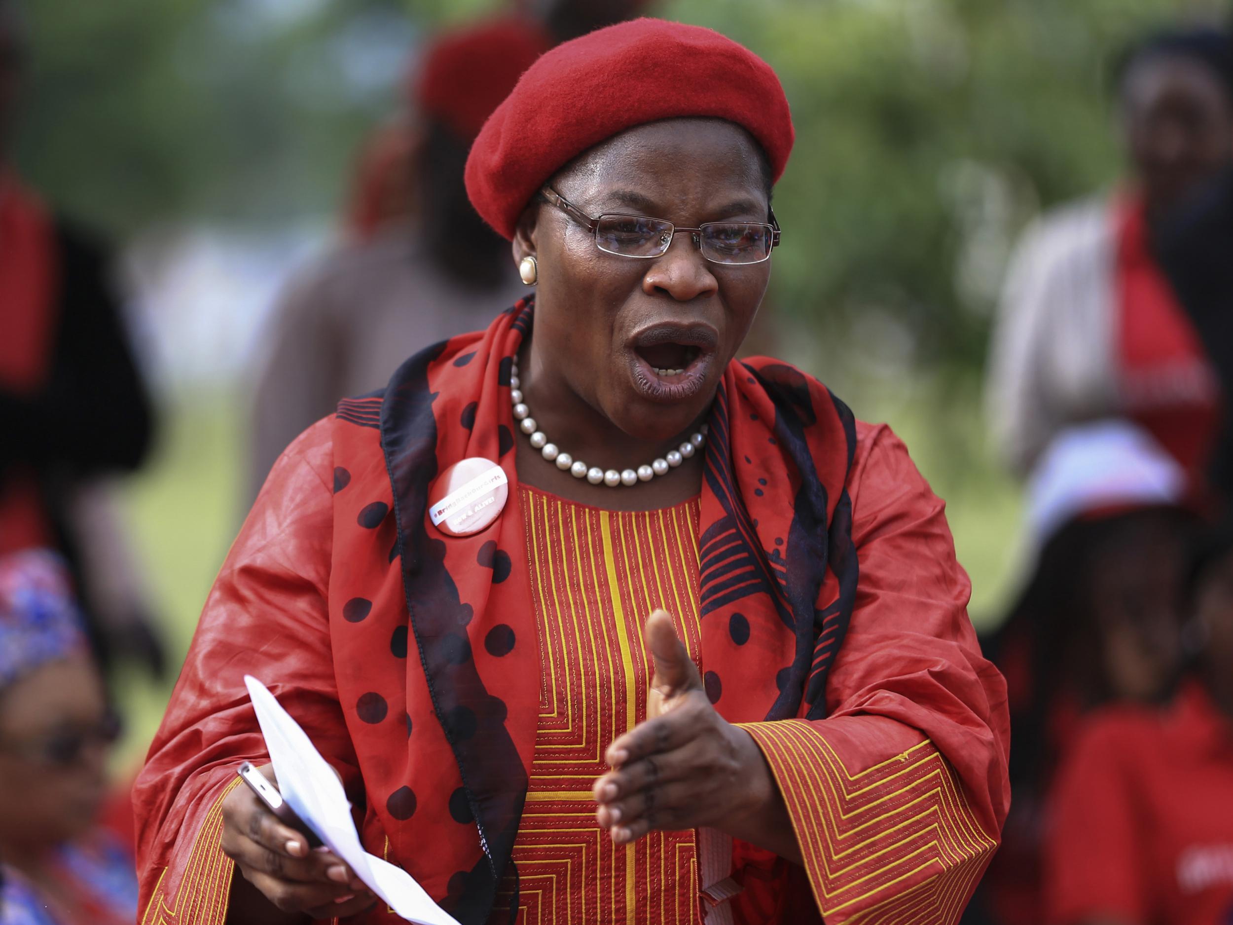 Obiageli Ezekwesili addresses supporters on the 100th day of the abductions of more than 200 school girls by the Boko Haram, July 2014