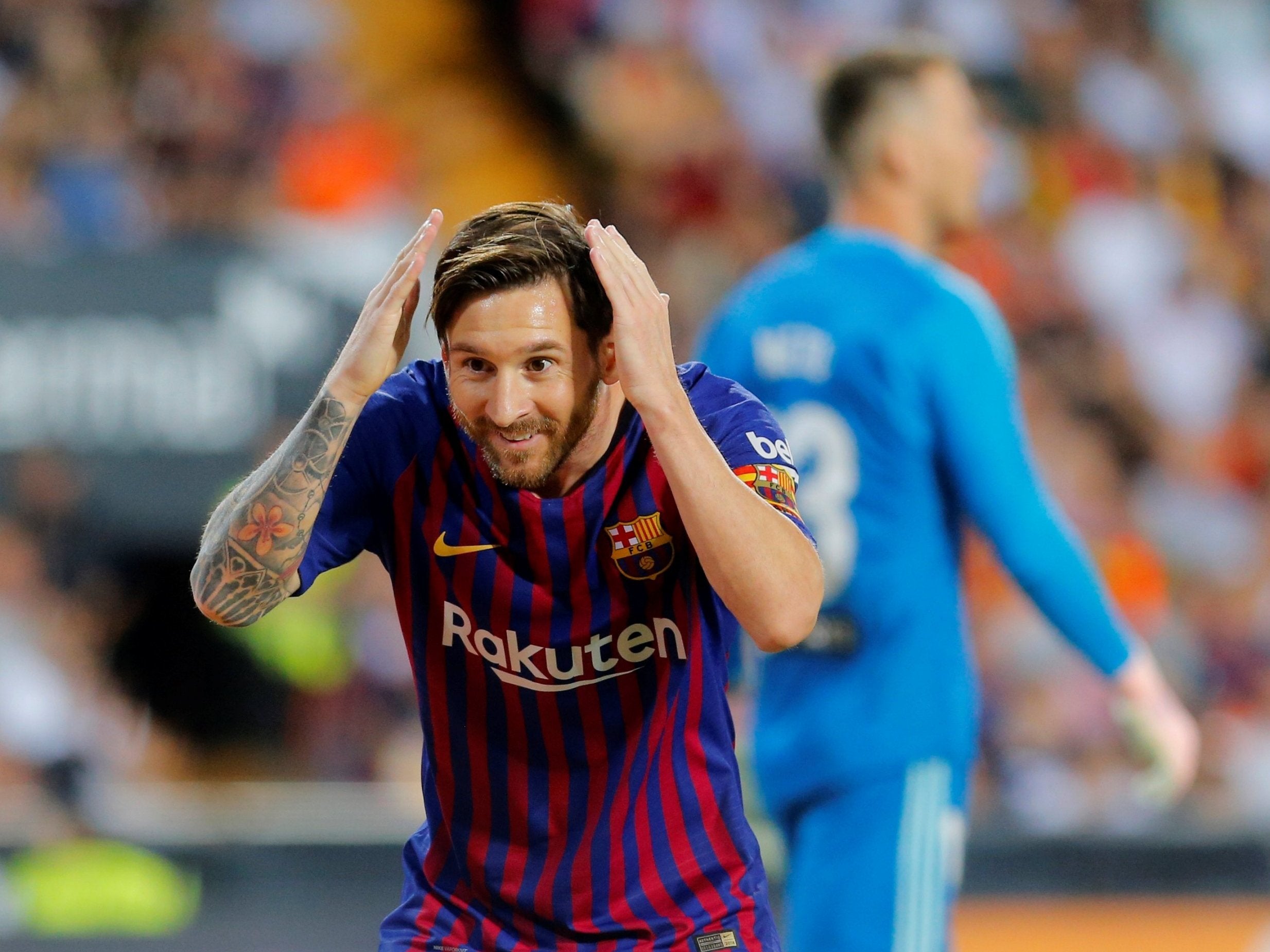 Lionel Messi celebrates scoring Barcelona's equaliser