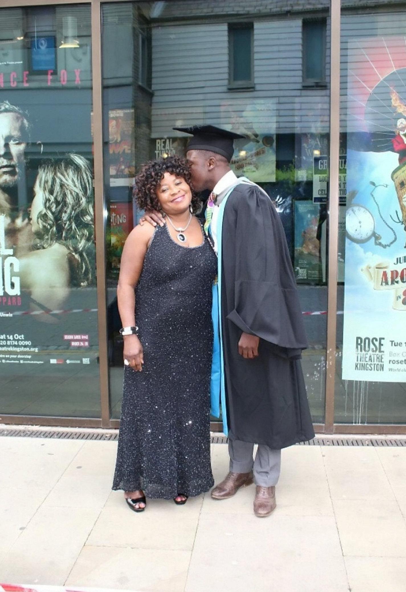 Reggie Nelson, now 22, with his mother, on the day he graduated from Kingston University in 2017 with a 2:1