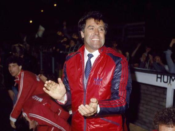 The delighted Wales manager, Mike England, celebrates victory