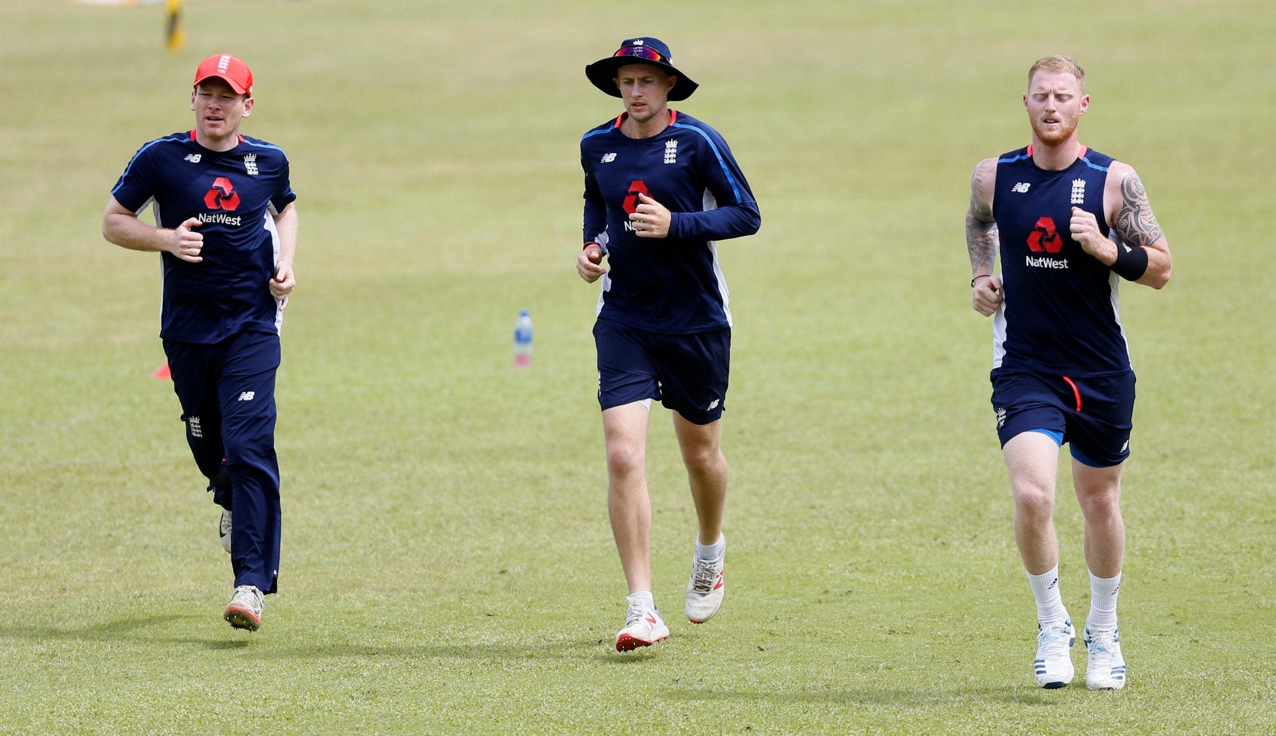 Eoin Morgan, Joe Root and Ben Stokes during a practice session