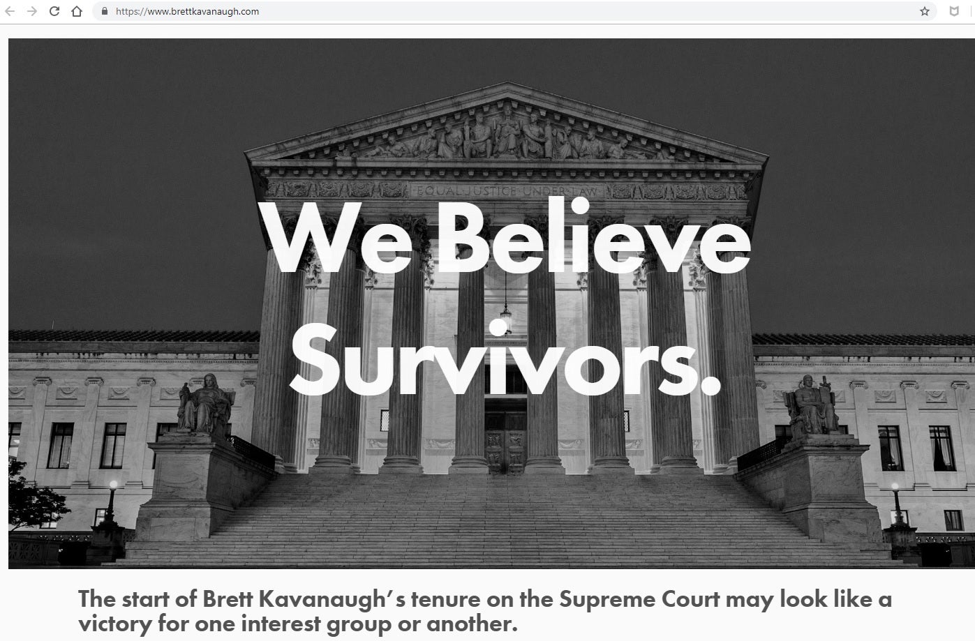 The banner image of BrettKavanaugh.com website reads: 'We believe survivors'