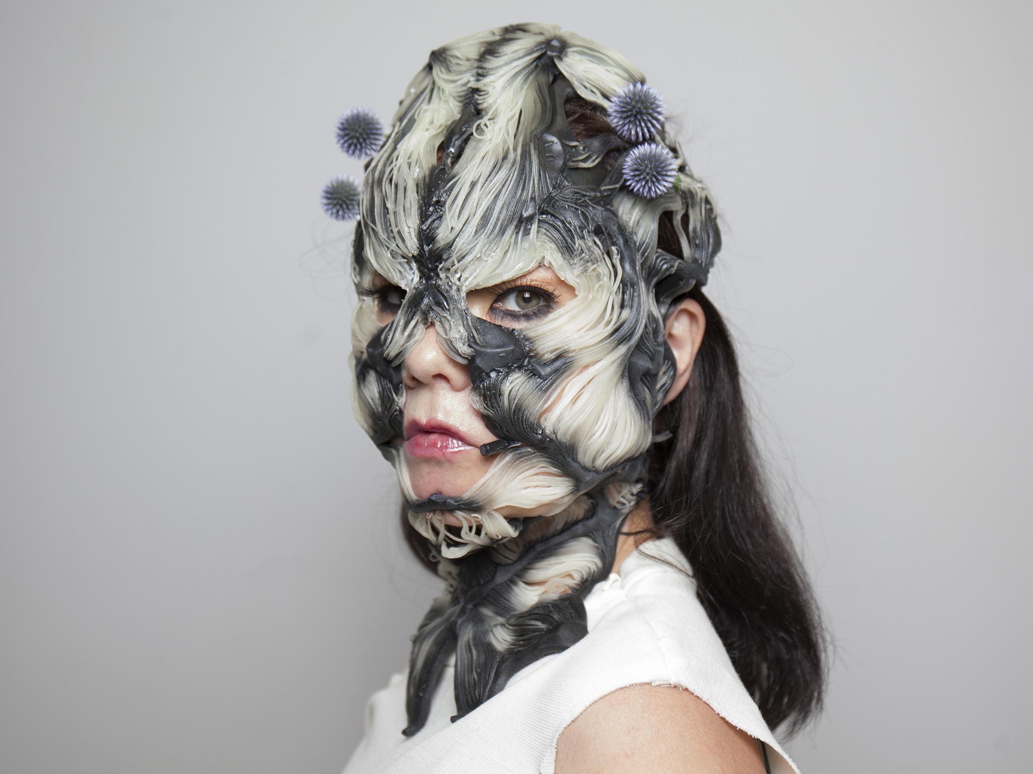 Bjork modelling an Oxman mask, its material based on the singer’s own facial tissue