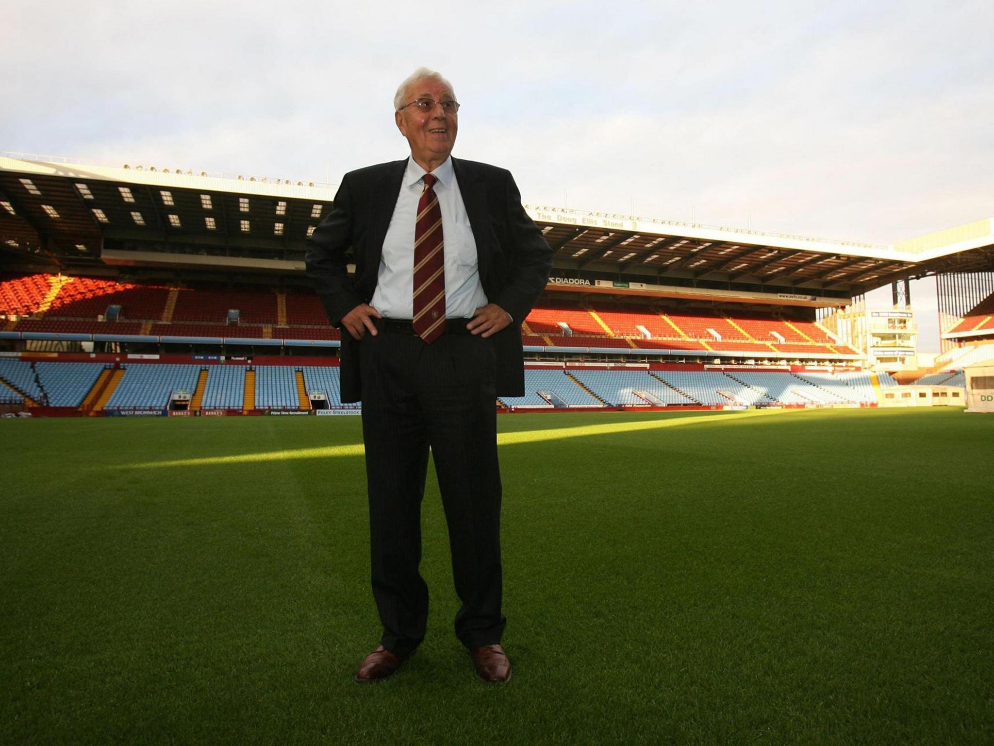 Ellis in front of the Doug Ellis Stand in 2006, the year he sold the club to Randy Lerner for £63m