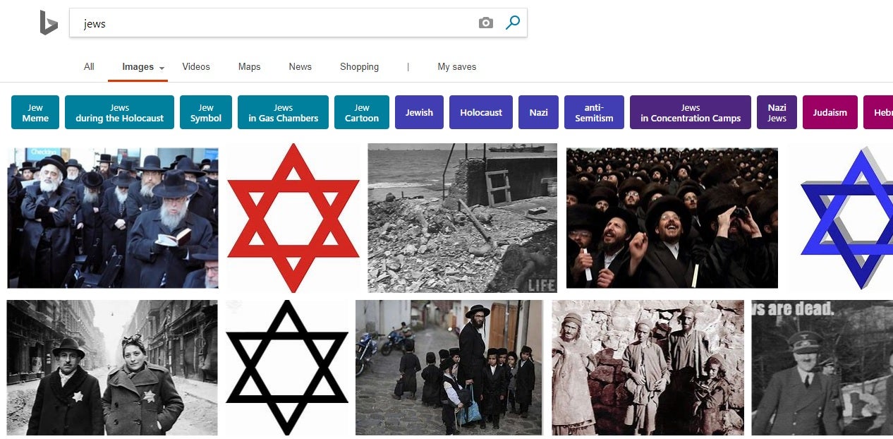 Searching for the term 'Jews' through Bing's search engine results in pictures of Adolf Hitler