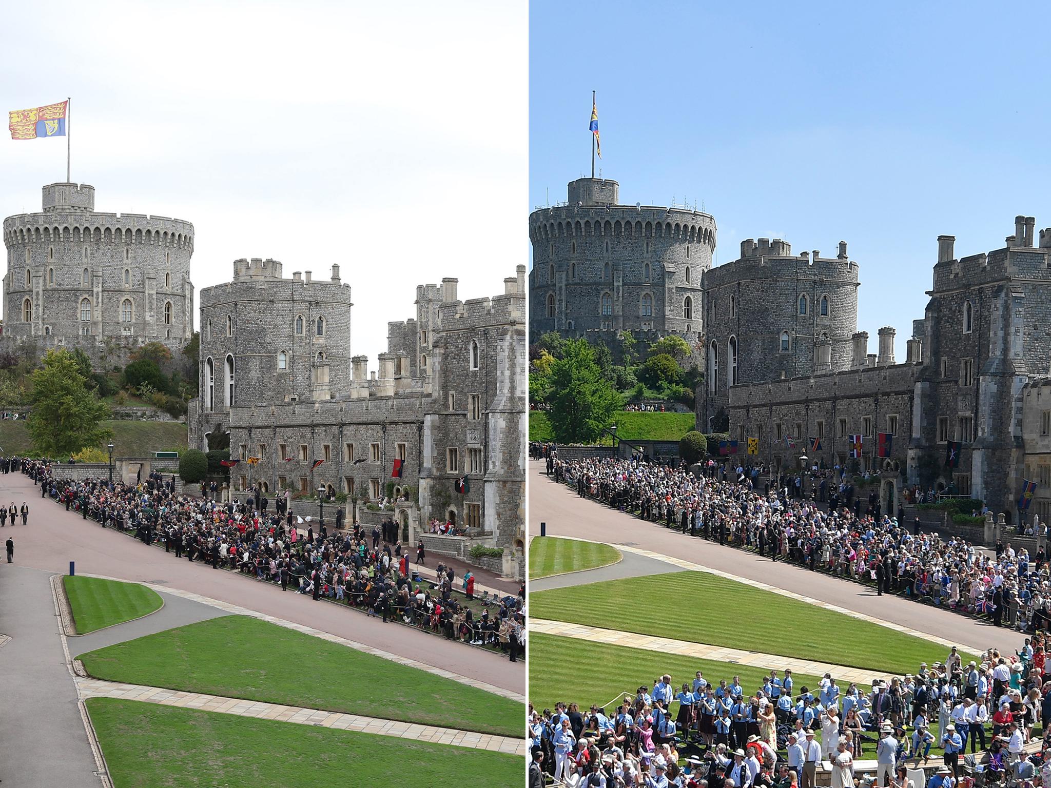 The crowds in Windsor Castle's lower ward for Princess Eugenie's nuptials, left, compared to those for Prince Harry and Meghan Markle in May