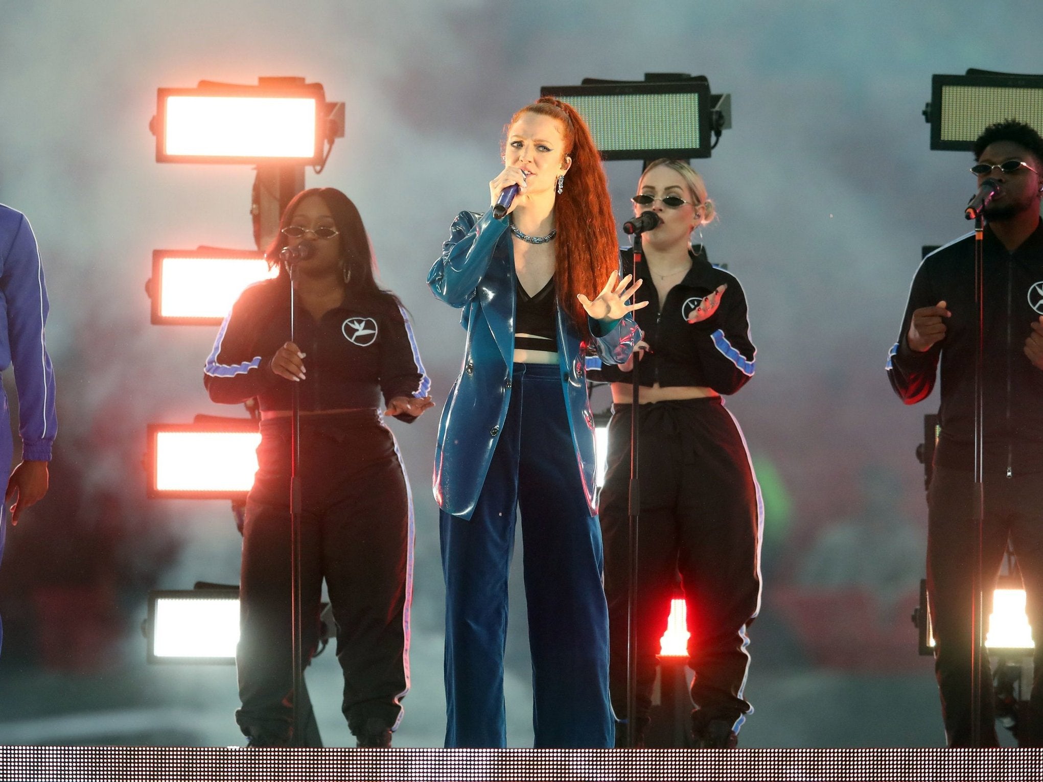 Singer Jess Glynne performs prior to kick-off during the International Series NFL match at Wembley