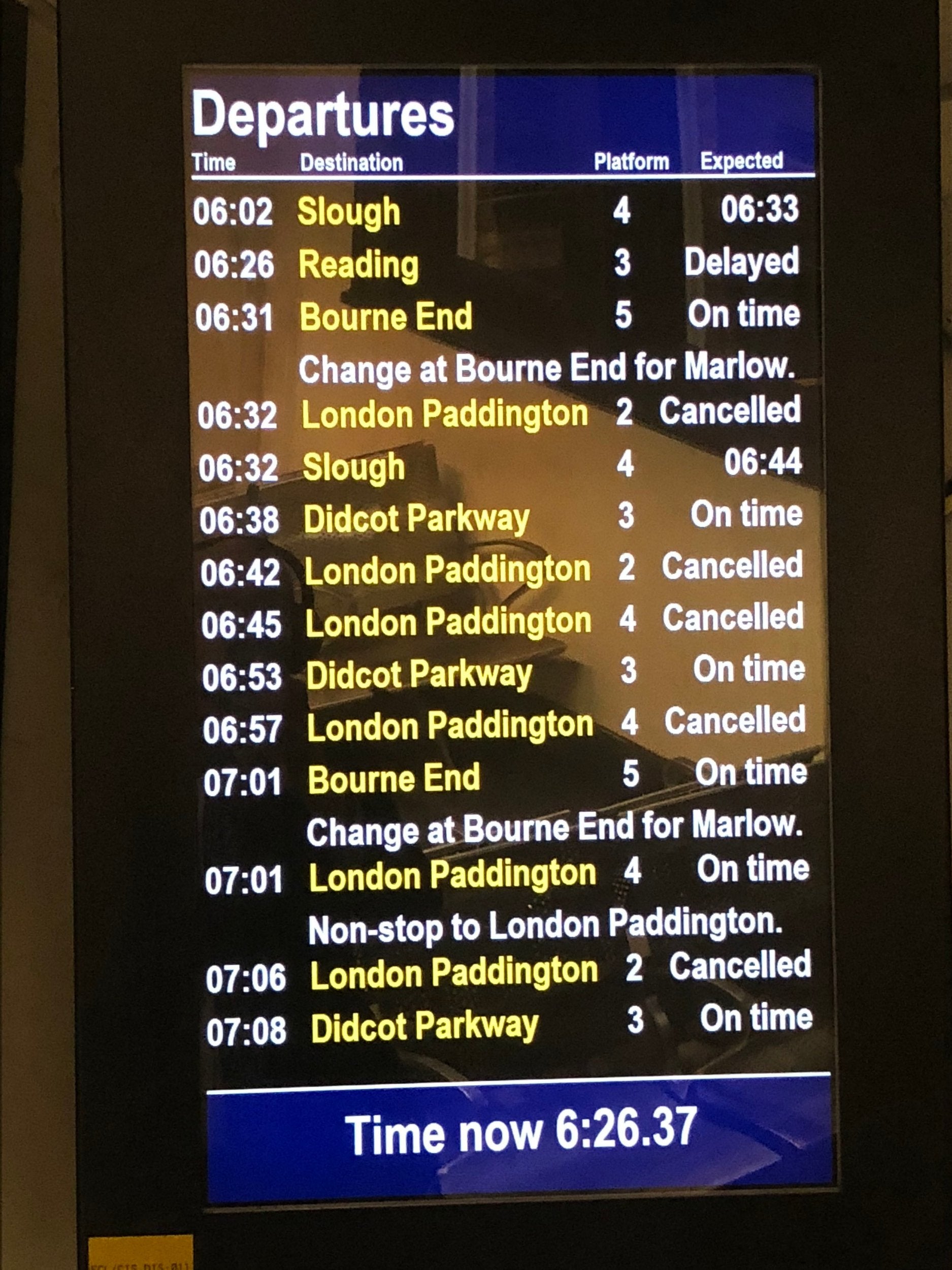 A departure board at Paddington Station in west London shows cancelled trains