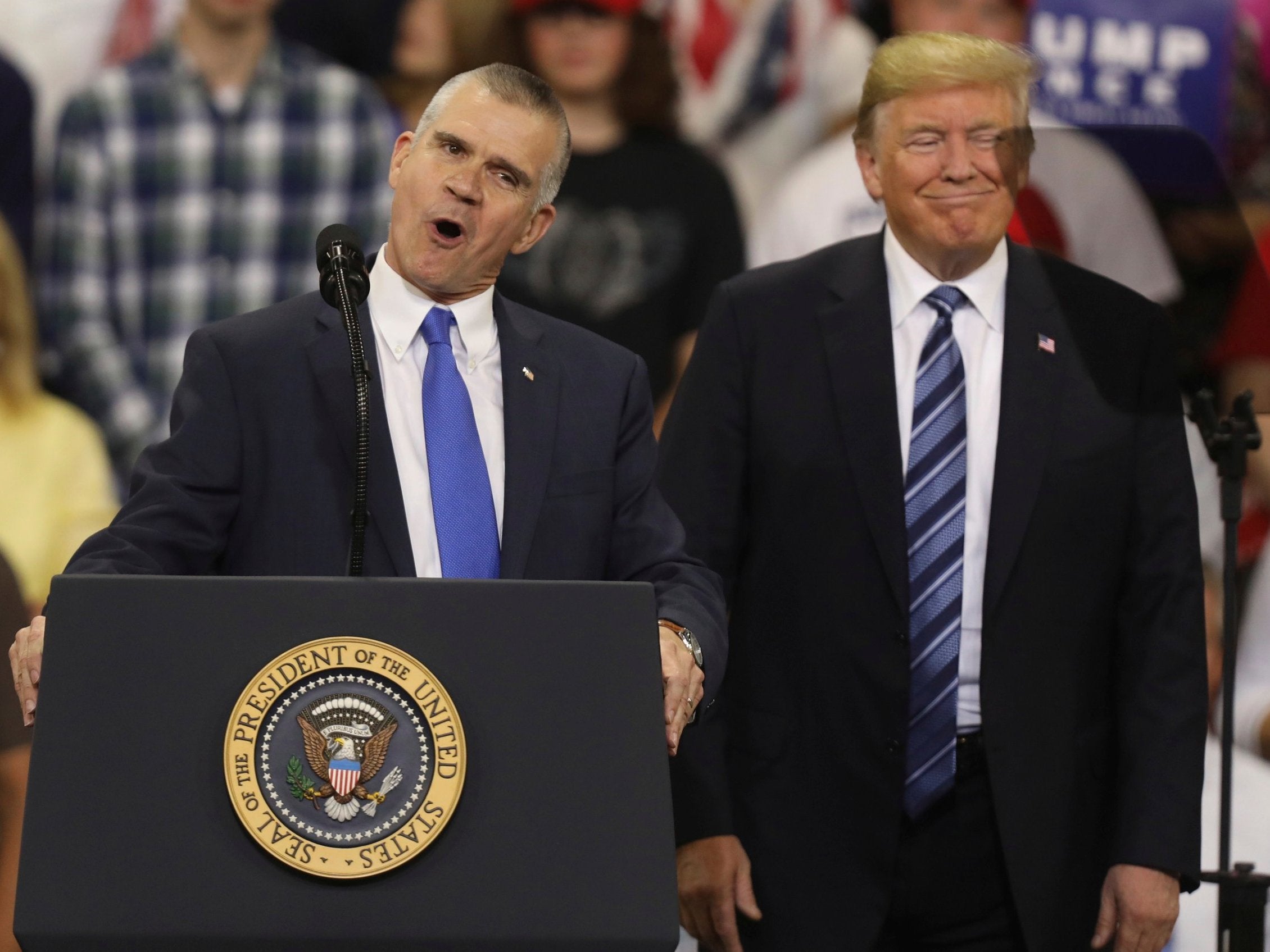 Republican Senate candidate Matt Rosendale and president Donald Trump speak at a rally in Billings, Montana, on 6 October