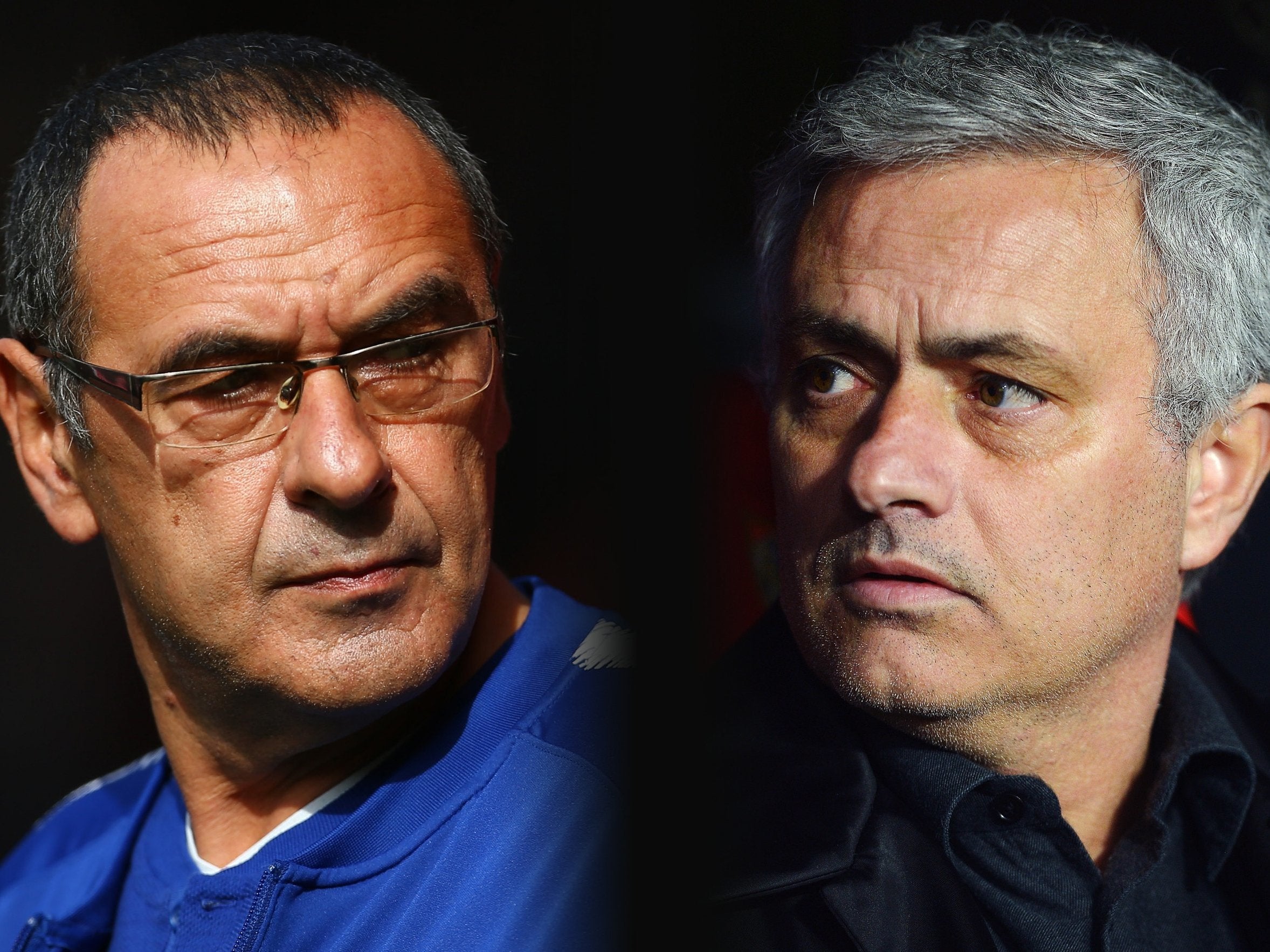 Maurizio Sarri of Chelsea and Jose Mourinho of Manchester United