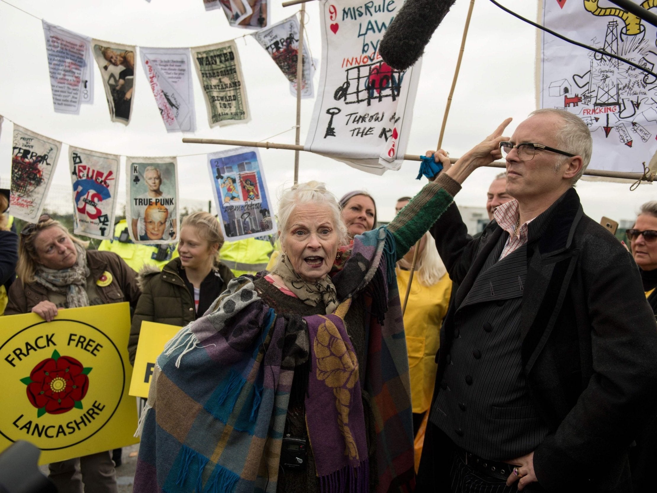 Vivienne Westwood, centre, and her son Joseph Corre, right, have previously joined demonstrators at Preston New Road