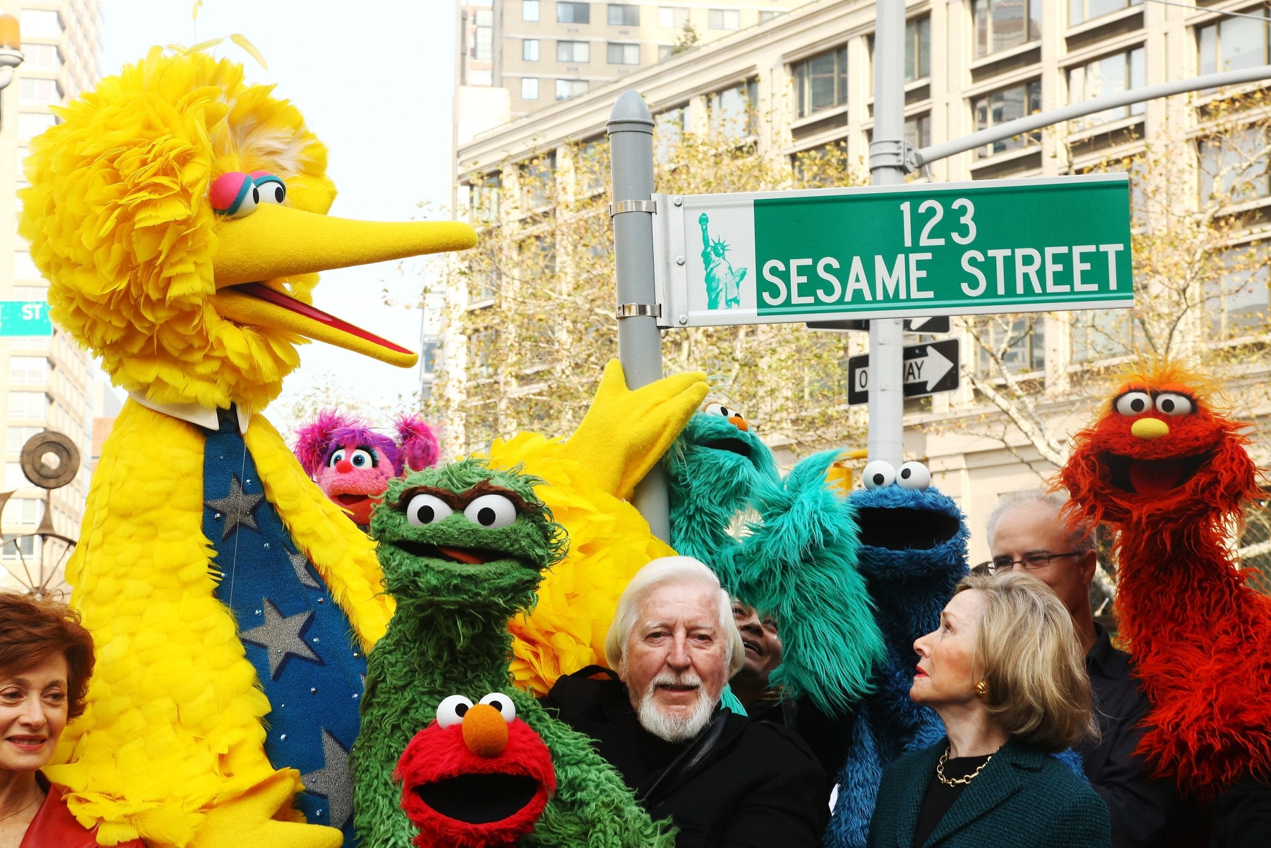 &#13;
Caroll Spinney with Sesame Street co-founder and TV producer Joan Ganz Cooney celebrating the shows 40th anniversary &#13;