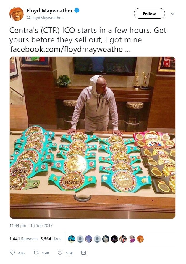 Floyd Mayweather promoted Centra's ICO alongside a picture displaying his boxing belts