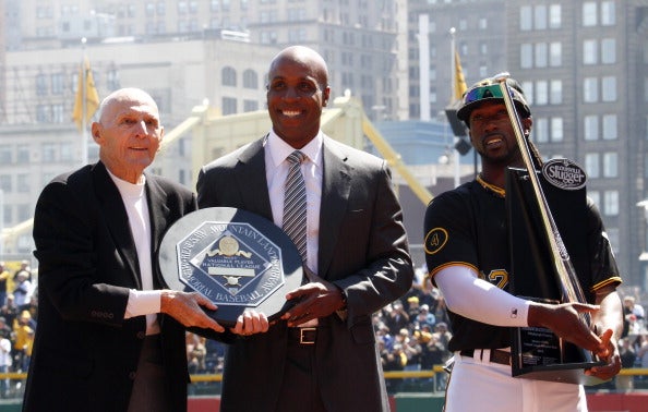 Brooks Koepka's great-uncle Dick Groat with Barry Bonds and Andrew McCutchen