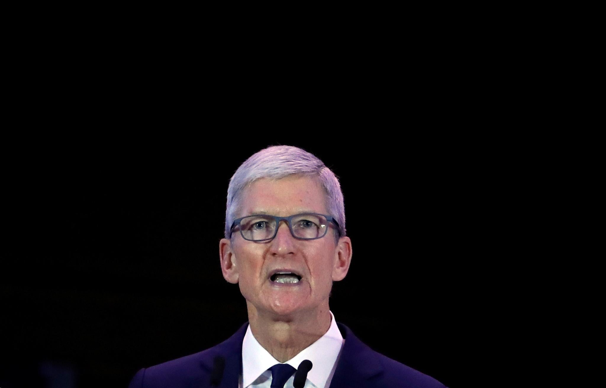 Apple CEO Tim Cook delivers a keynote during the European Union's privacy conference at the EU Parliament in Brussels