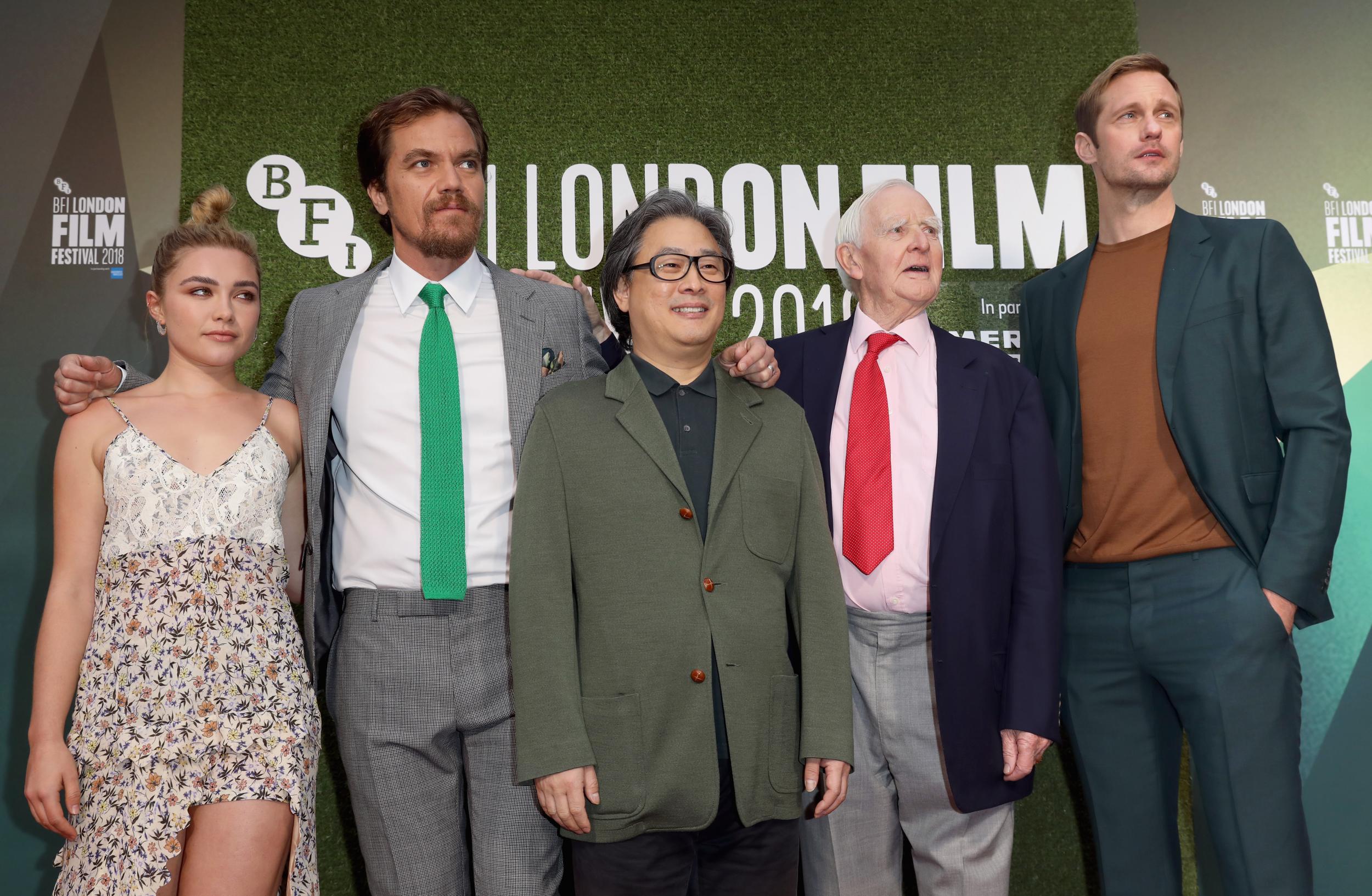 L-R: Florence Pugh, Michael Shannon, Park Chan-wook, John Le Carre and Alexander Skarsgard at the BFI London Film Festival