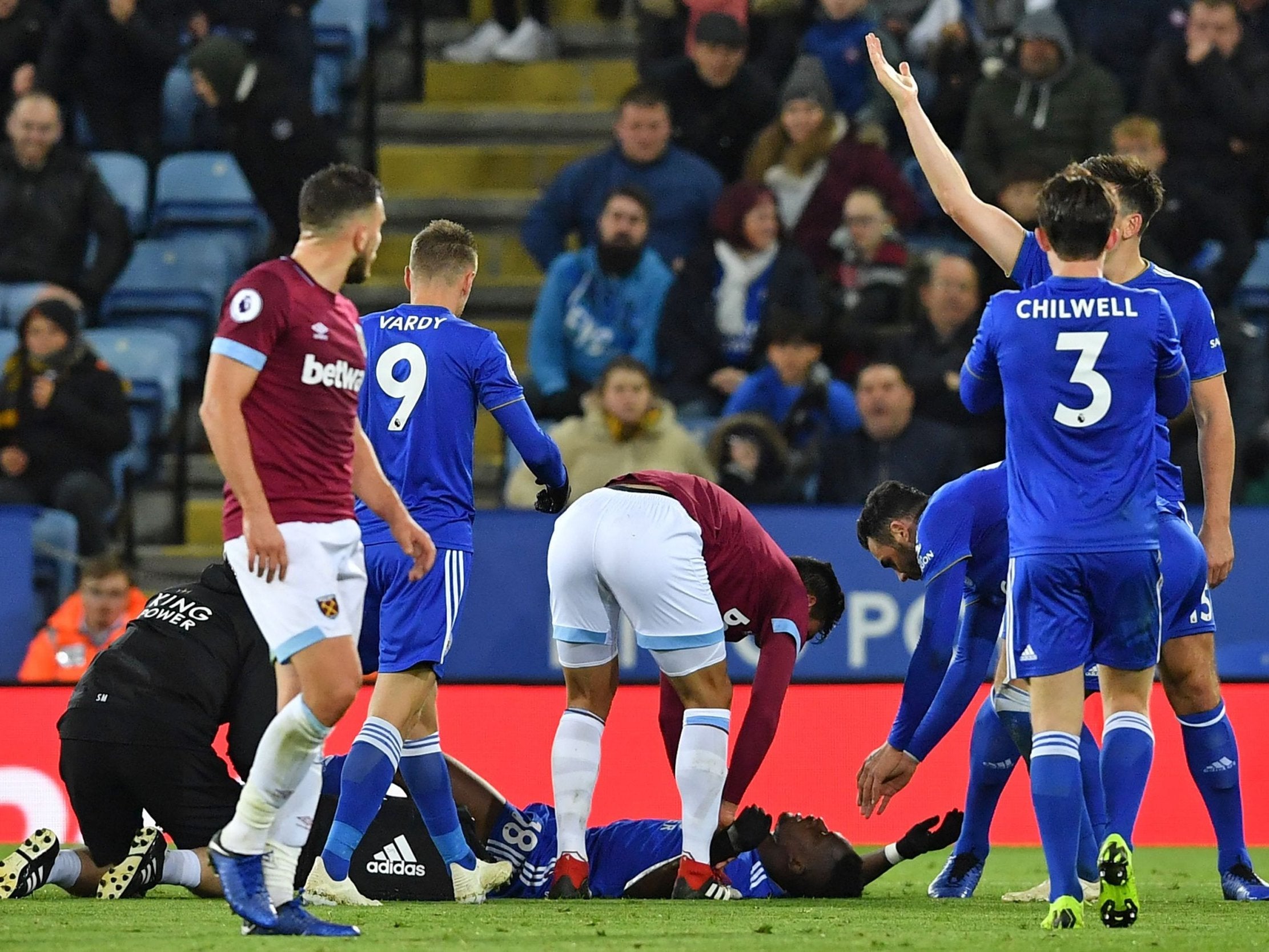 Daniel Amartey receives treatment for a late ankle injury