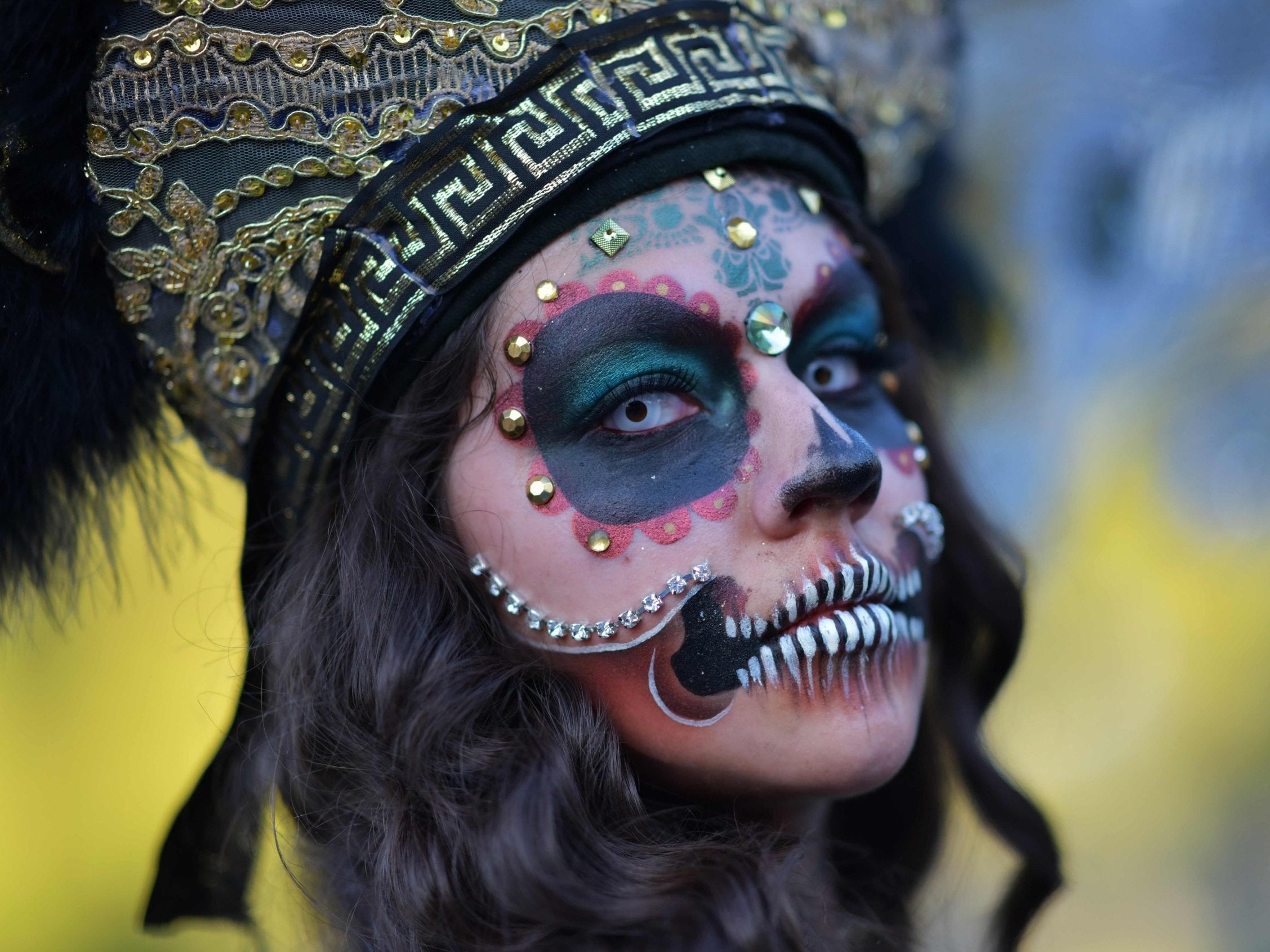 A woman in costume at Hollywood Forever Cemetery's 19th annual Día De Los Muertos event, October 27 2018