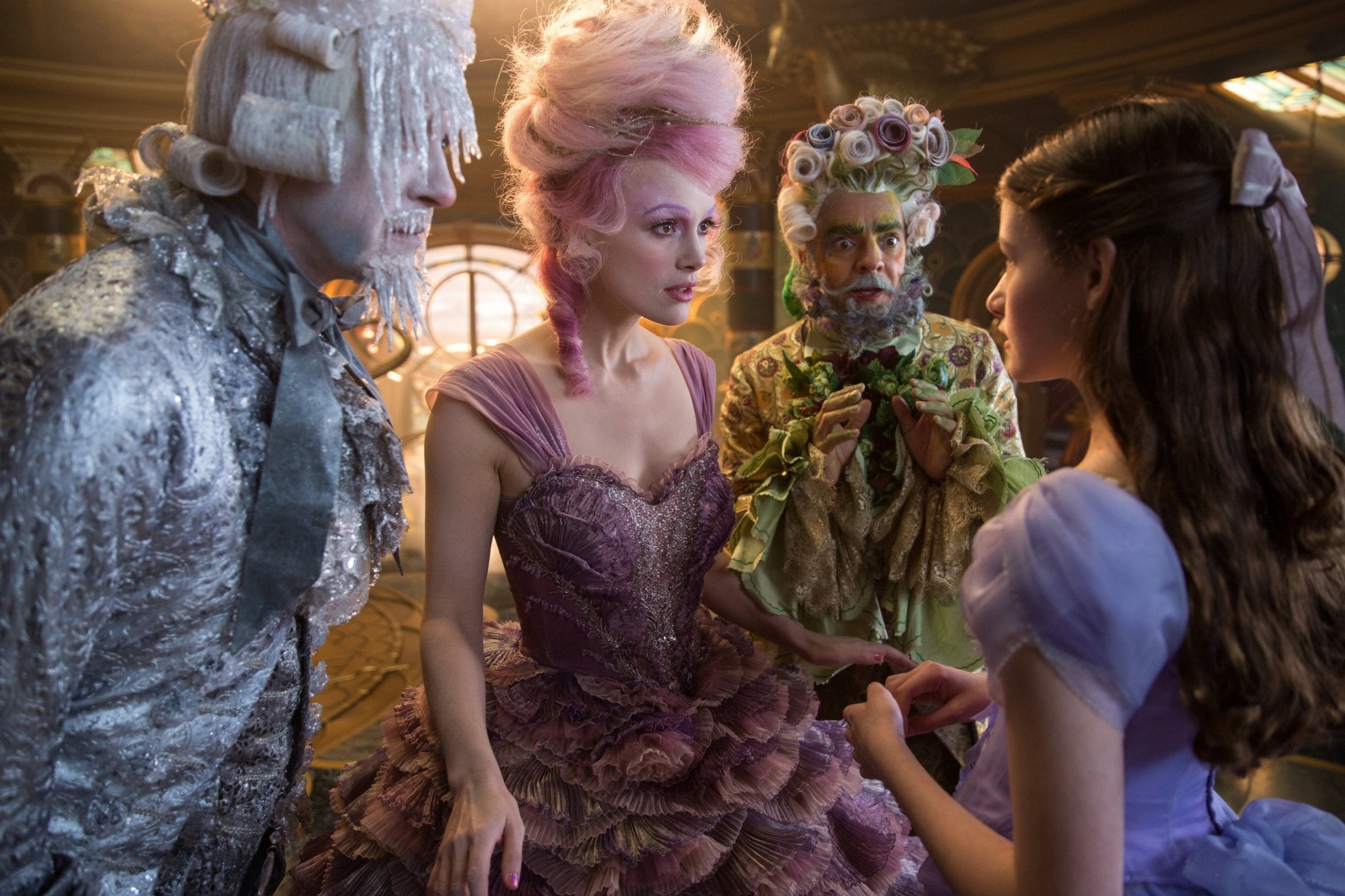 Richard E. Grant is Shiver, Keira Knightley is The Sugar Plum Fairy, Eugenio Derbrez is Hawthorne and Mackenzie Foy is Clara in Disney's The Nutcracker and the Four Realms (Laurie Sparham)