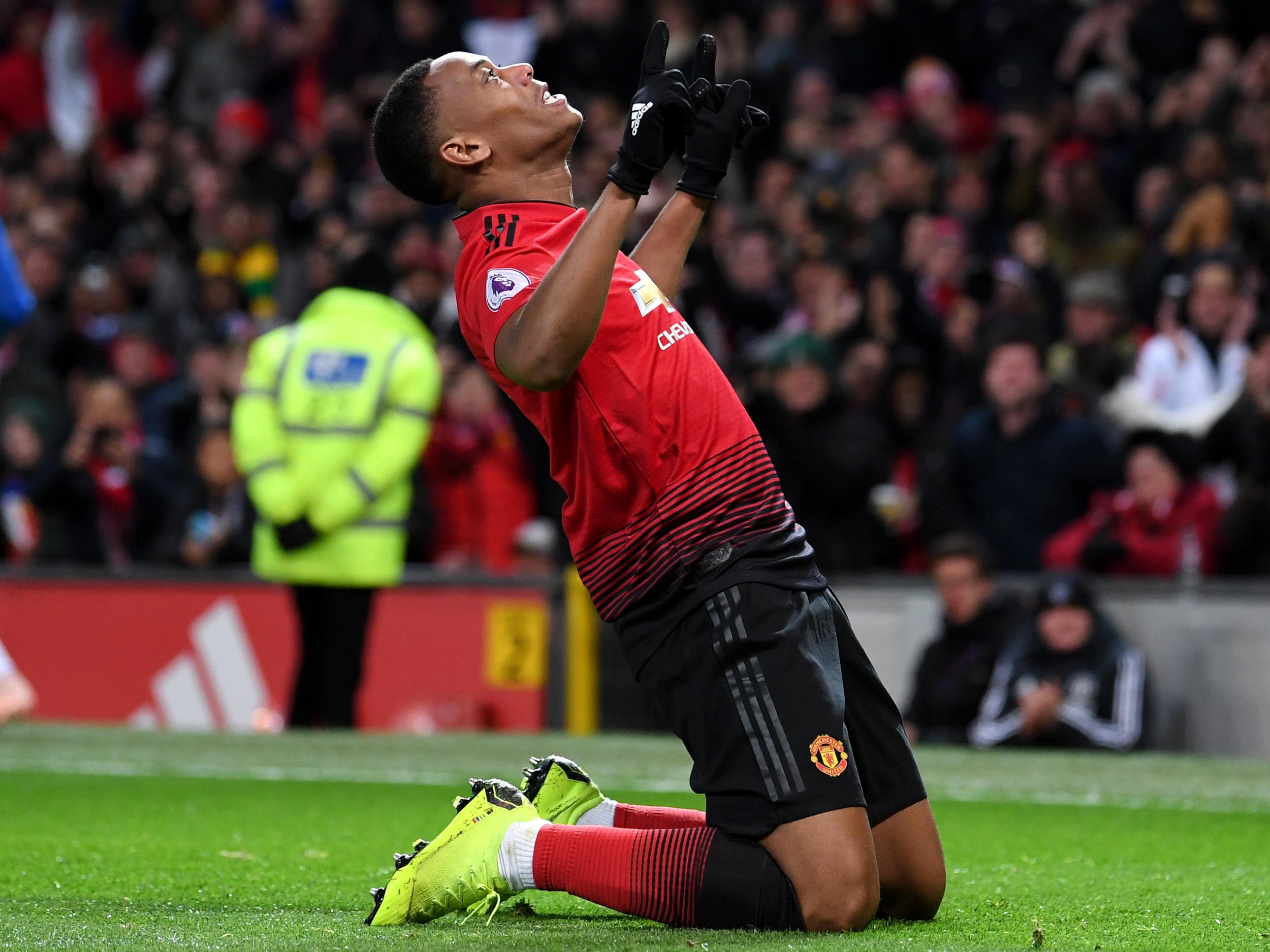 Anthony Martial celebrates his goal against Everton