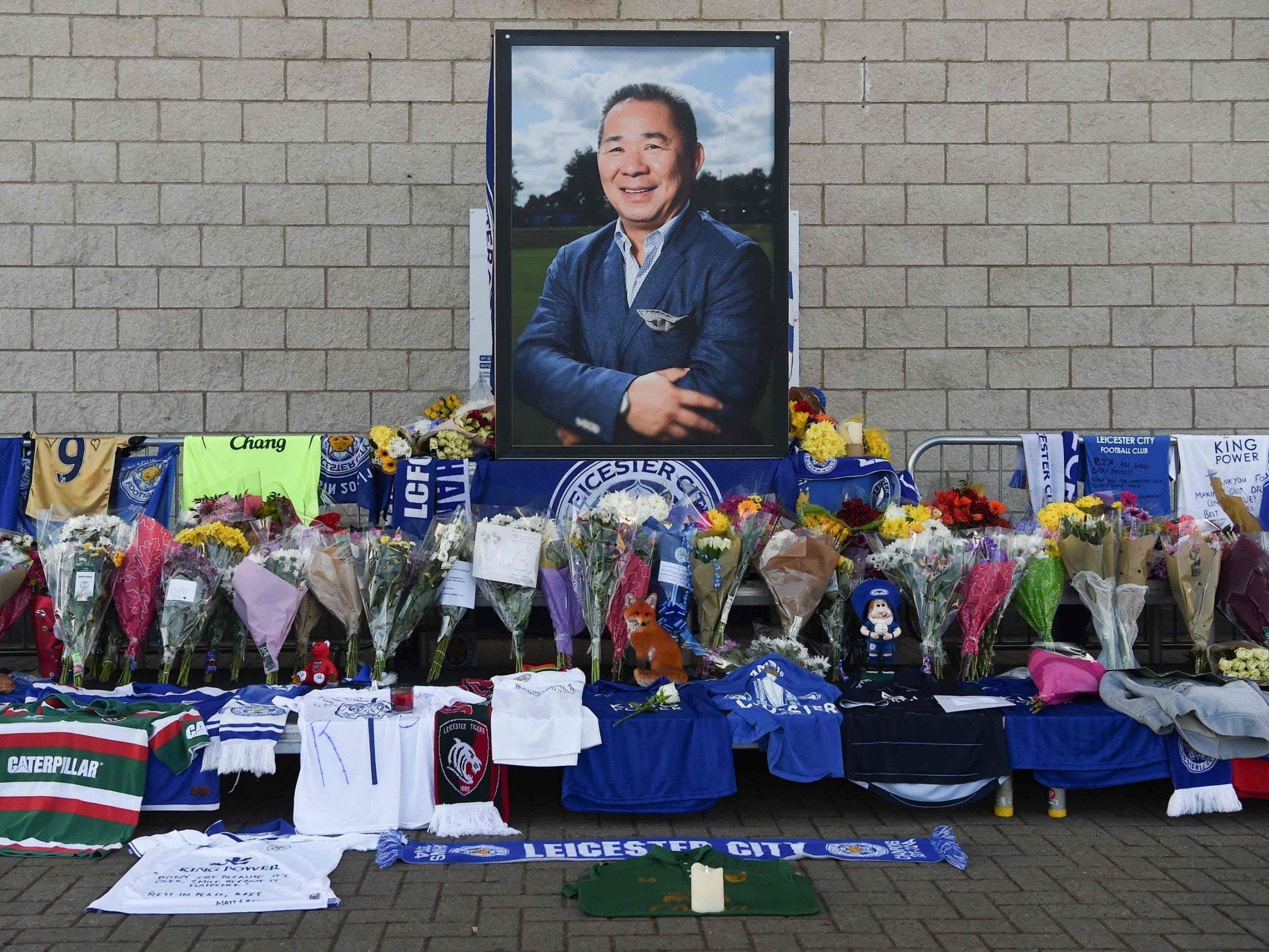 A portrait of Leicester City’s Thai chairman Vichai Srivaddhanaprabha, who died in a helicopter crash at the club’s stadium