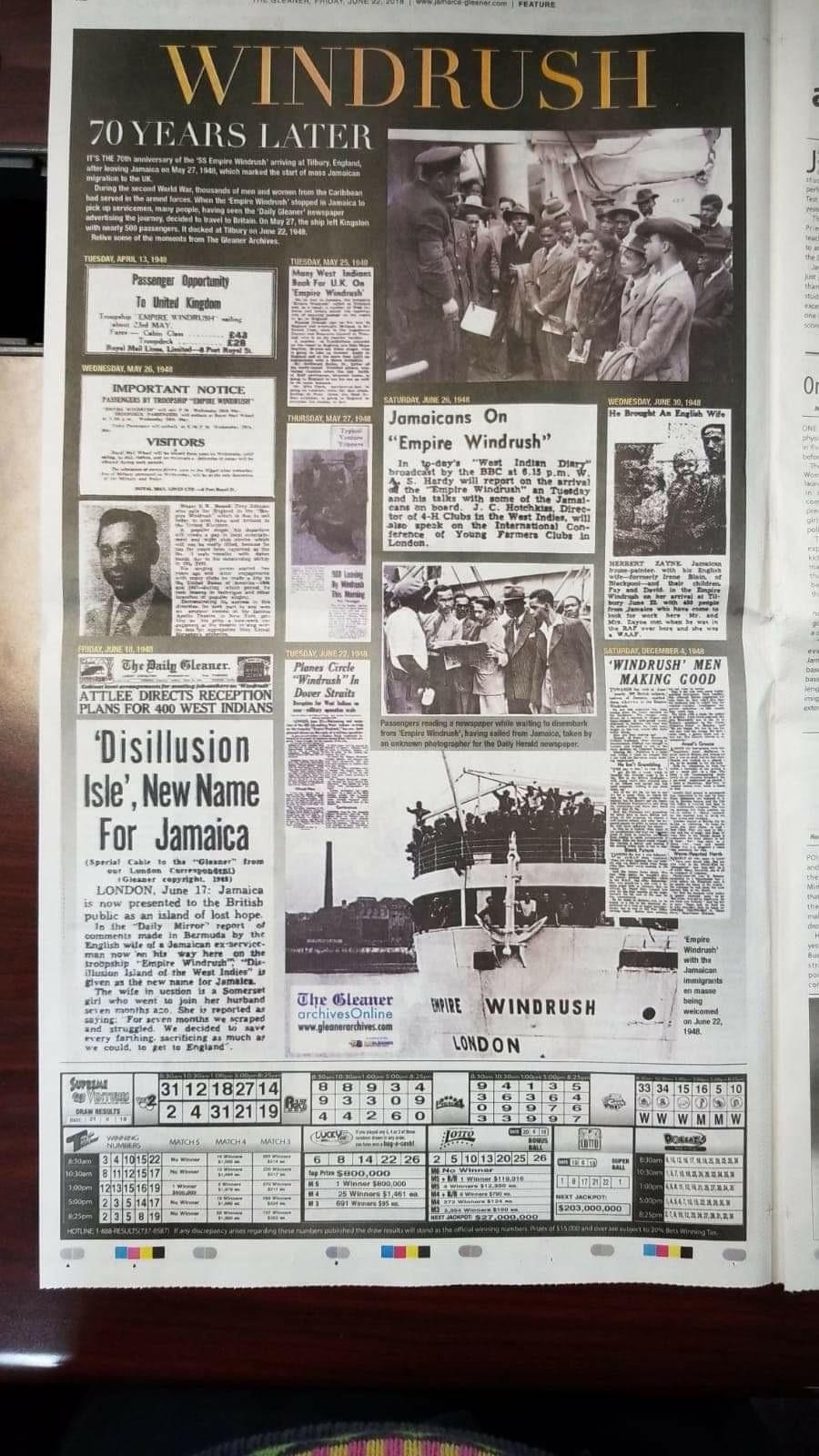 A newspaper article featuring clippings about the Windrush generation