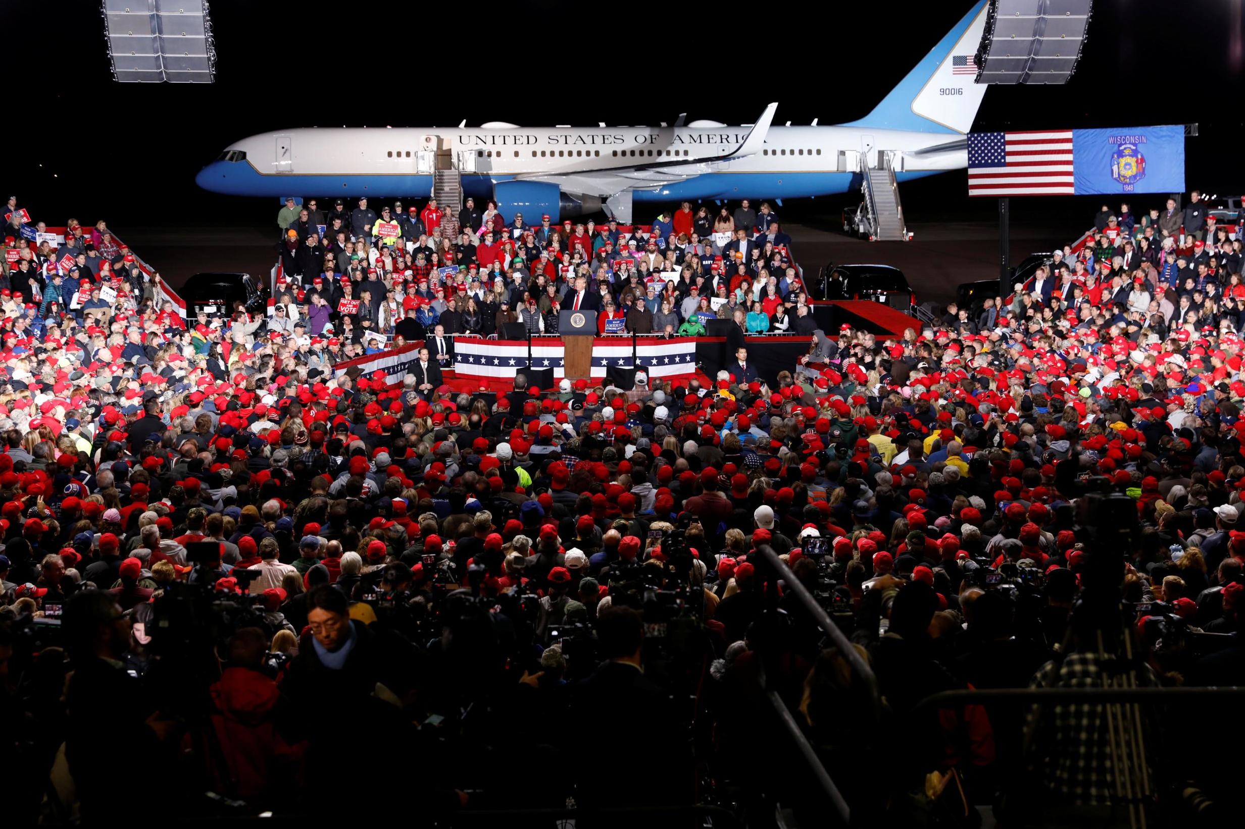 Donald Trump speaks at a campaign rally in Mosinee, Wisconsin