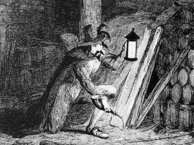 Guy Fawkes attempts to plant gunpowder in the cellar of the Palace of Westminster in an engraving by George Cruikshank