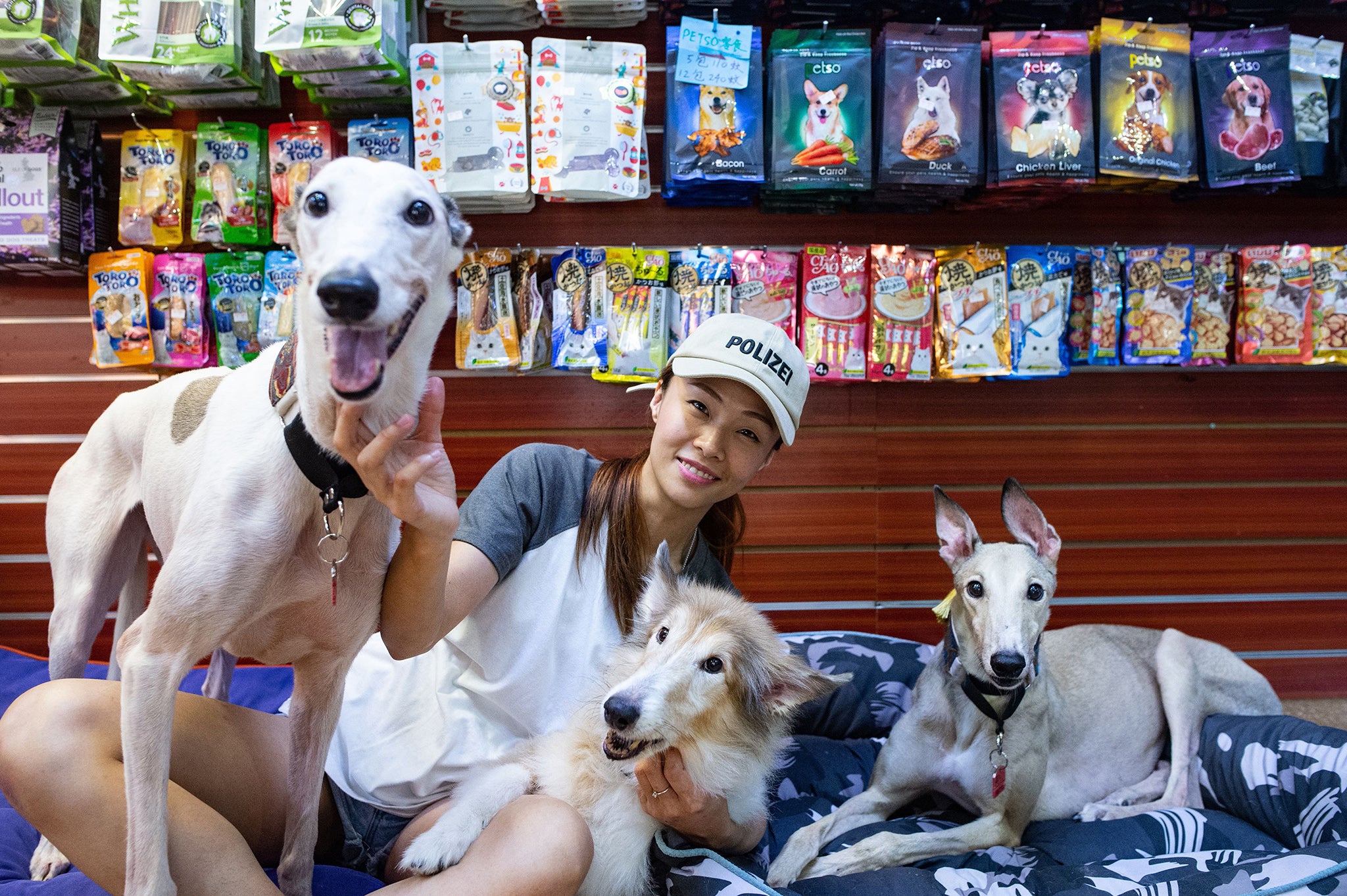 Pet shop owner Fei Chan with her adopted greyhounds inn Macau