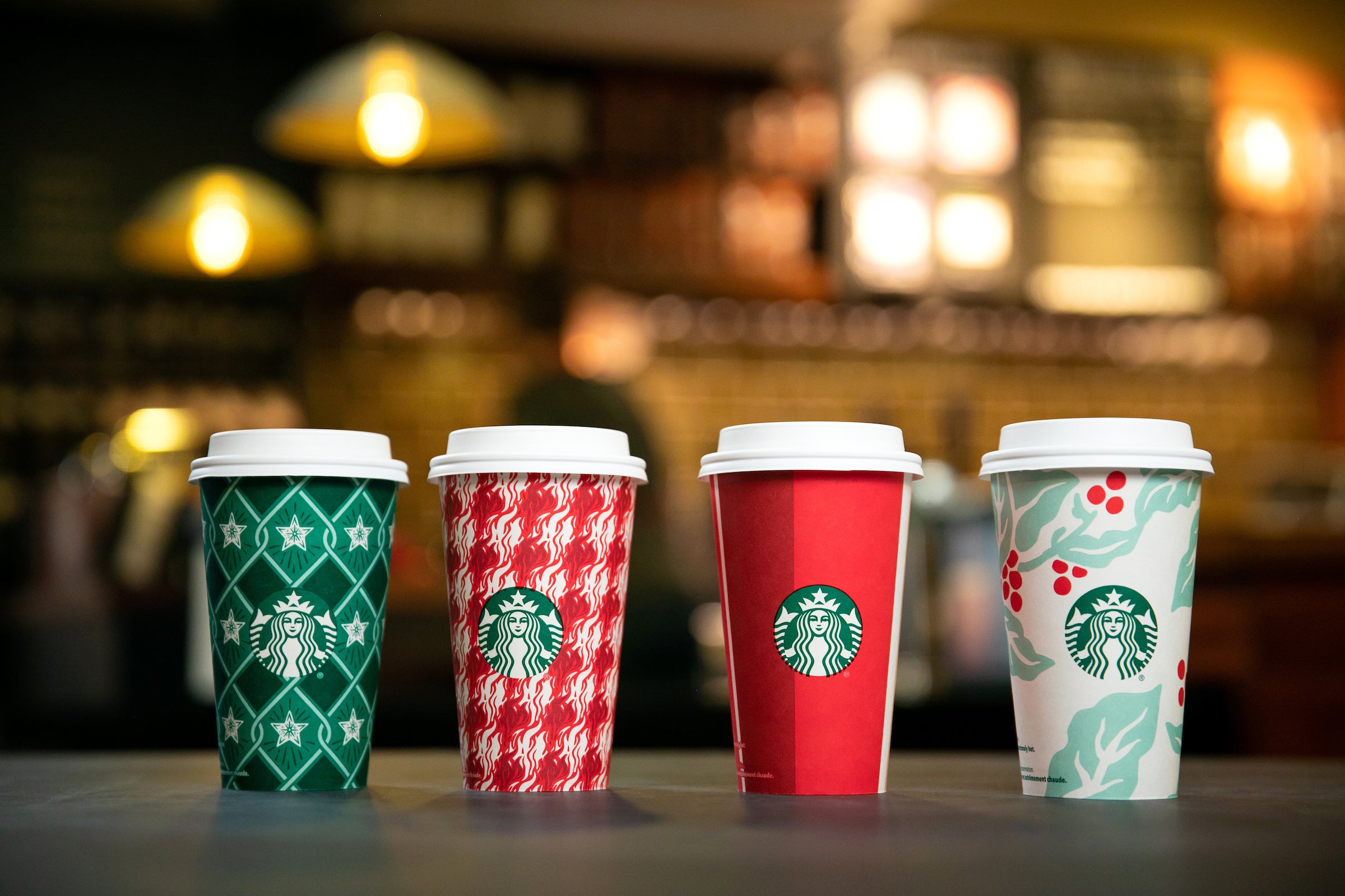 This year's cups are festive and red and green