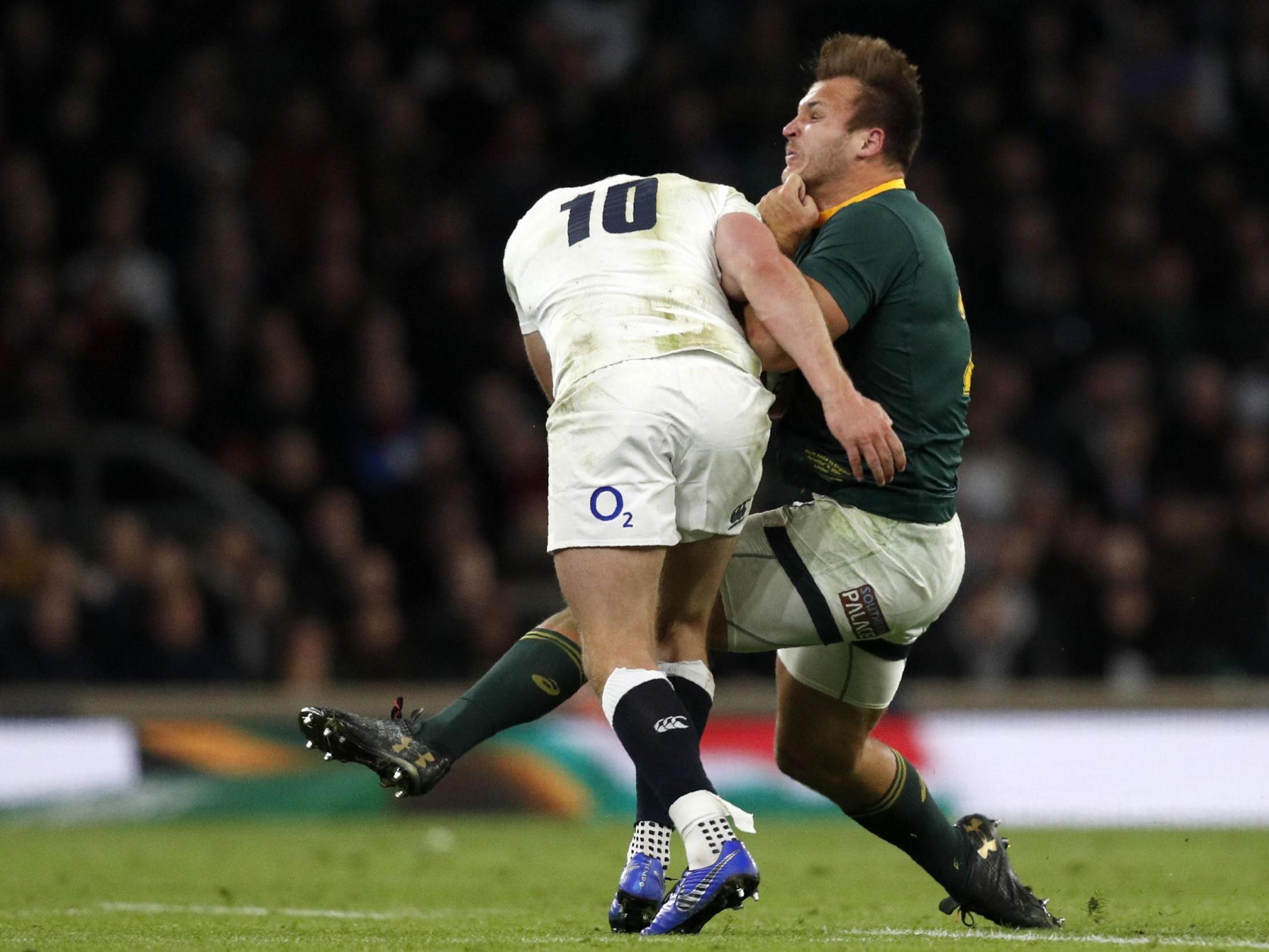 Owen Farrell's tackle on Andre Esterhuizen led to a late, controversial TMO review (Getty )