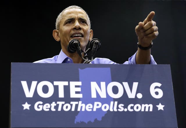 Barack Obama speaking during a rally to support Indiana Democratic gubernatorial candidate Joe Donnelly