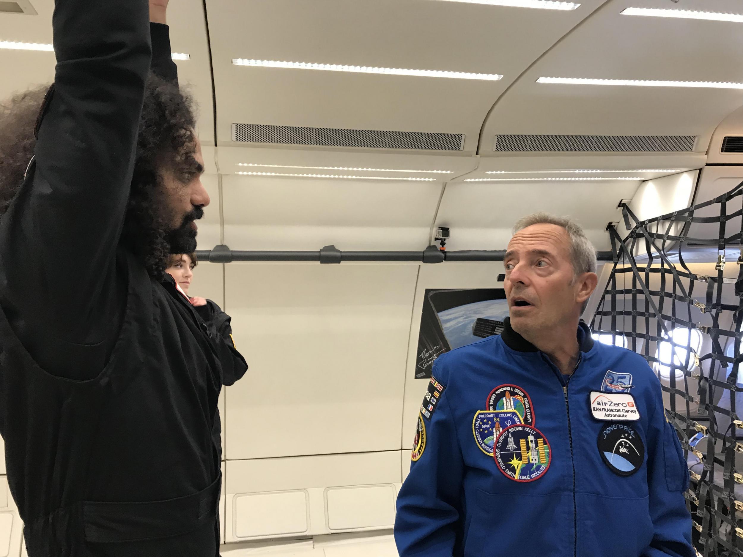 Astronaut Jean-Francois Clervoy giving tips in between parabolas