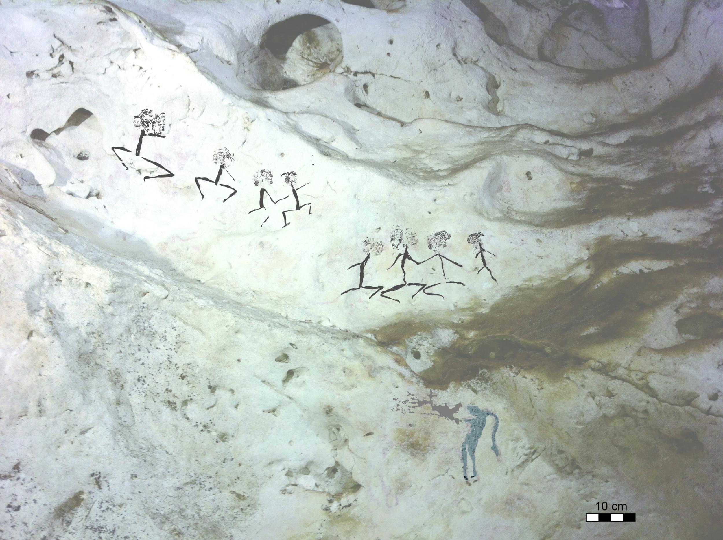 Human figures from East Kalimantan, Indonesian Borneo. This style is dated to at least 13,600 years ago but could possibly date to the height of the last glacial maximum 20,000 years ago