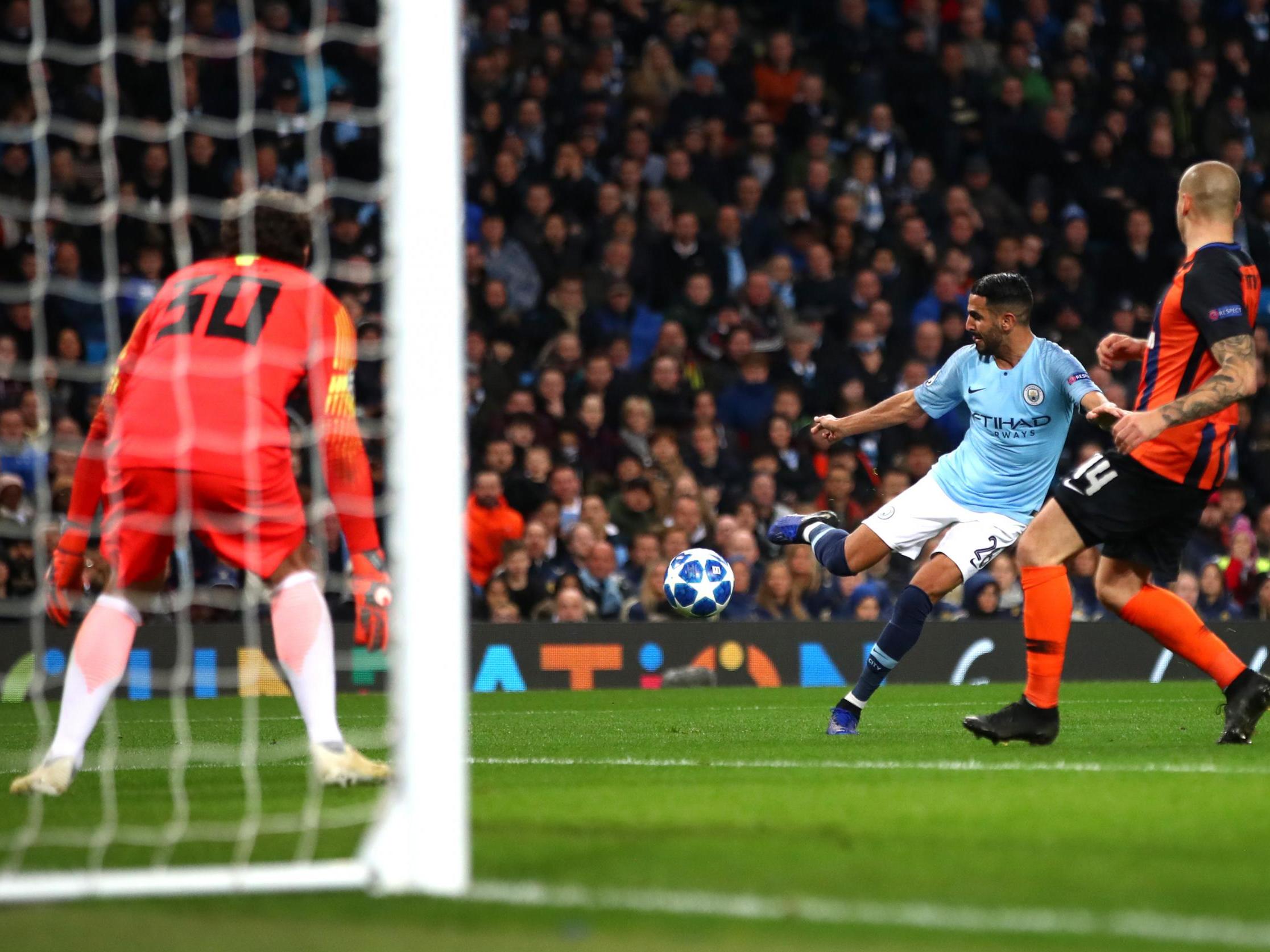 Riyad Mahrez hits his side’s fifth goal of the night